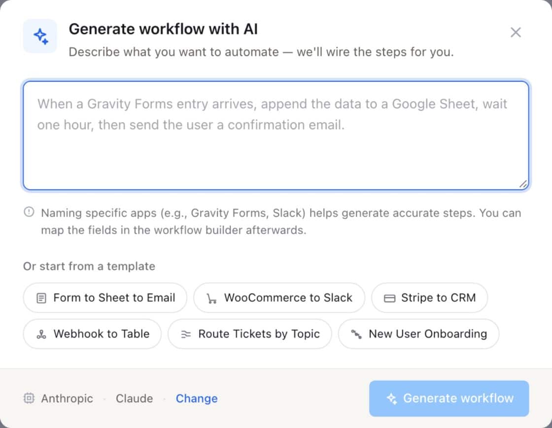 FlowMattic Generate workflow with AI dialog showing the Workflow description box and template chips such as WooCommerce to Slack.