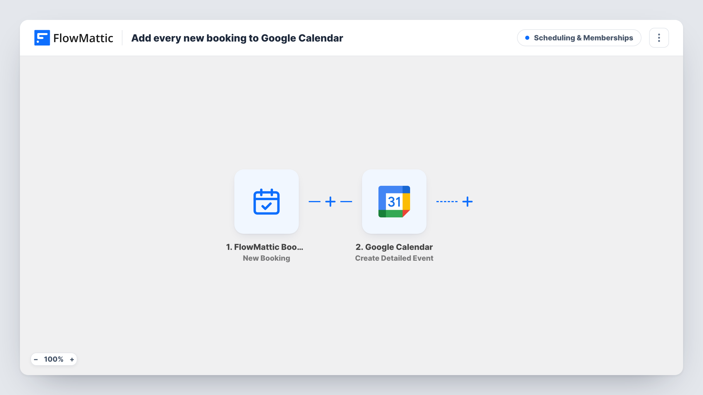 The Add every new booking to Google Calendar workflow on the FlowMattic canvas, with 2 steps across FlowMattic Bookings, Google Calendar