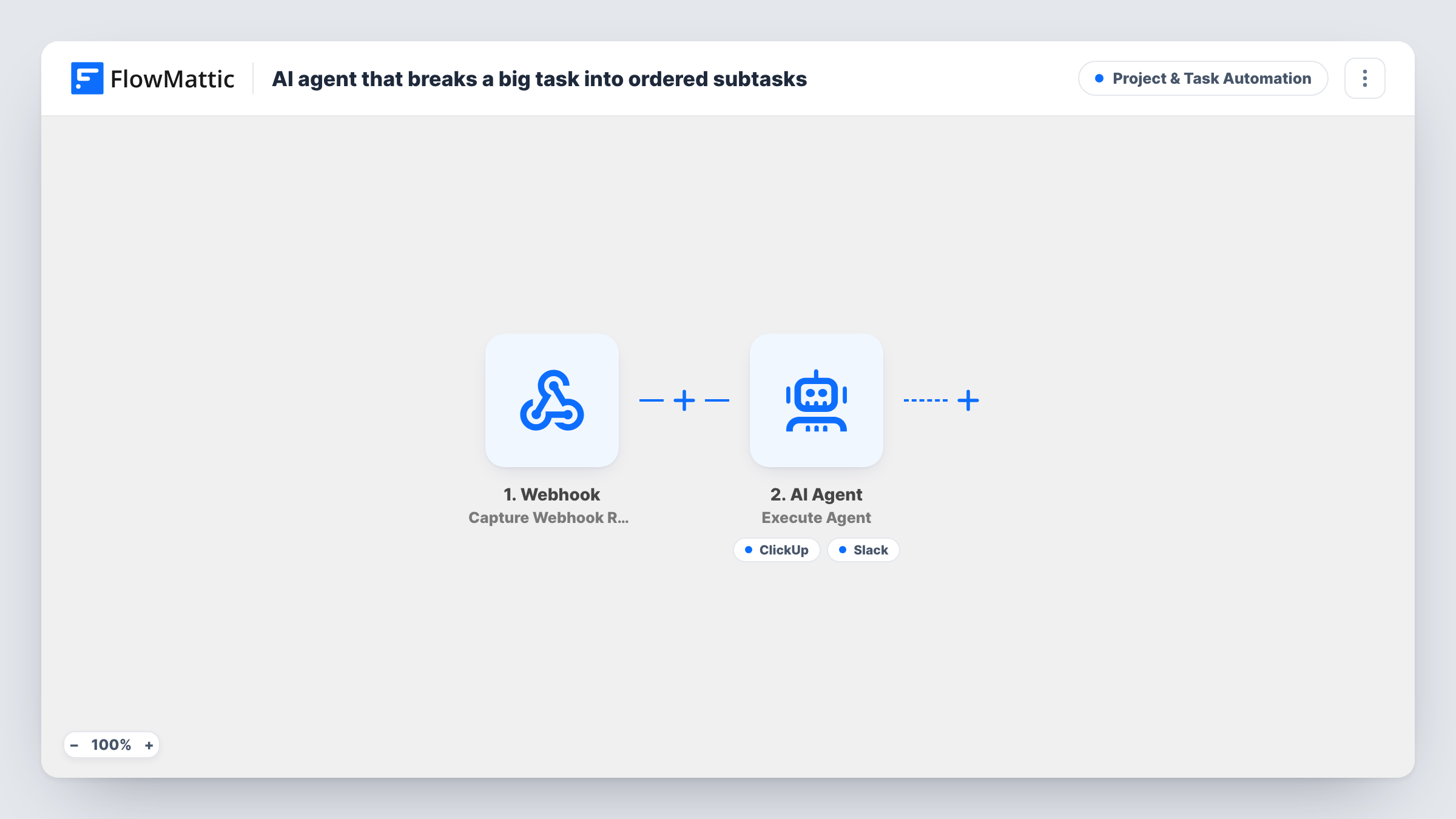 The AI agent that breaks a big task into ordered subtasks workflow on the FlowMattic canvas, with 4 steps across Webhook, AI Agent, ClickUp, Slack