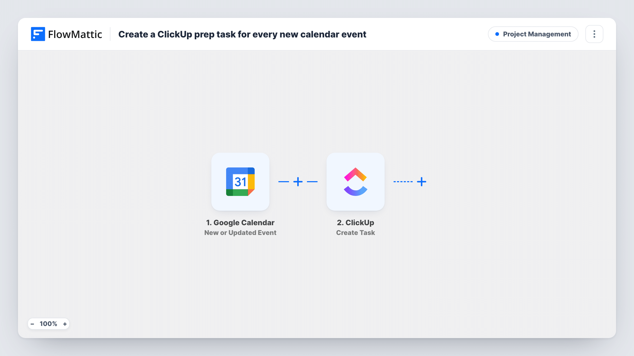 The Create a ClickUp prep task for every new calendar event matching a search workflow on the FlowMattic canvas, with 2 steps across Google Calendar, ClickUp