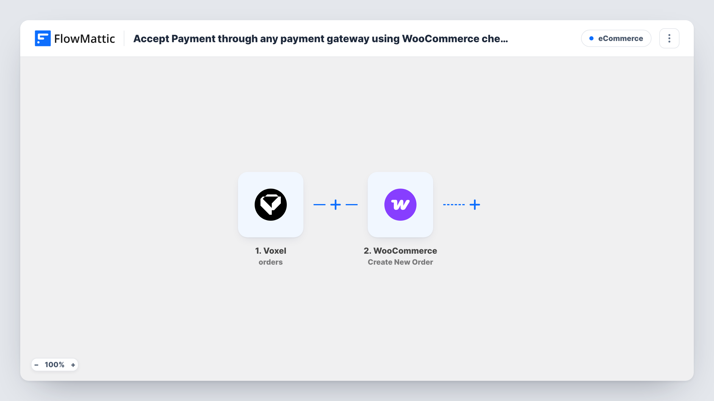 The Accept Payment through any payment gateway using WooCommerce checkout workflow on the FlowMattic canvas, with 2 steps across Voxel