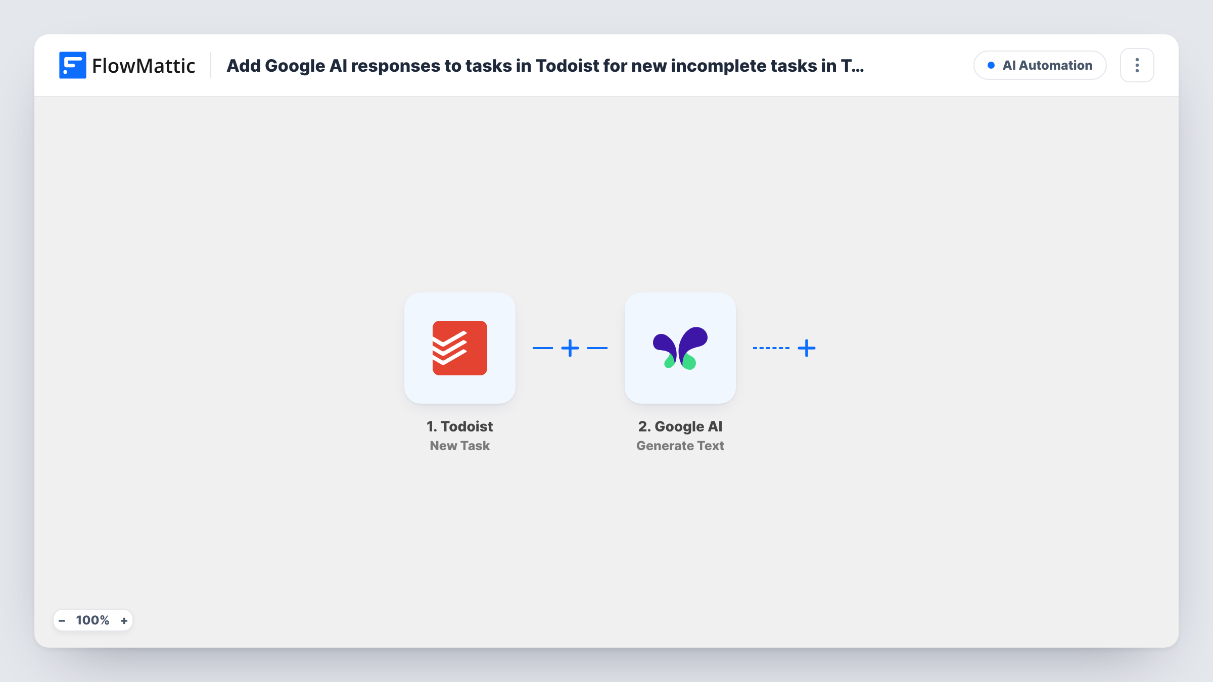 The Add Google AI responses to tasks in Todoist for new incomplete tasks in Todoist workflow on the FlowMattic canvas, with 3 steps across Todoist, Google AI