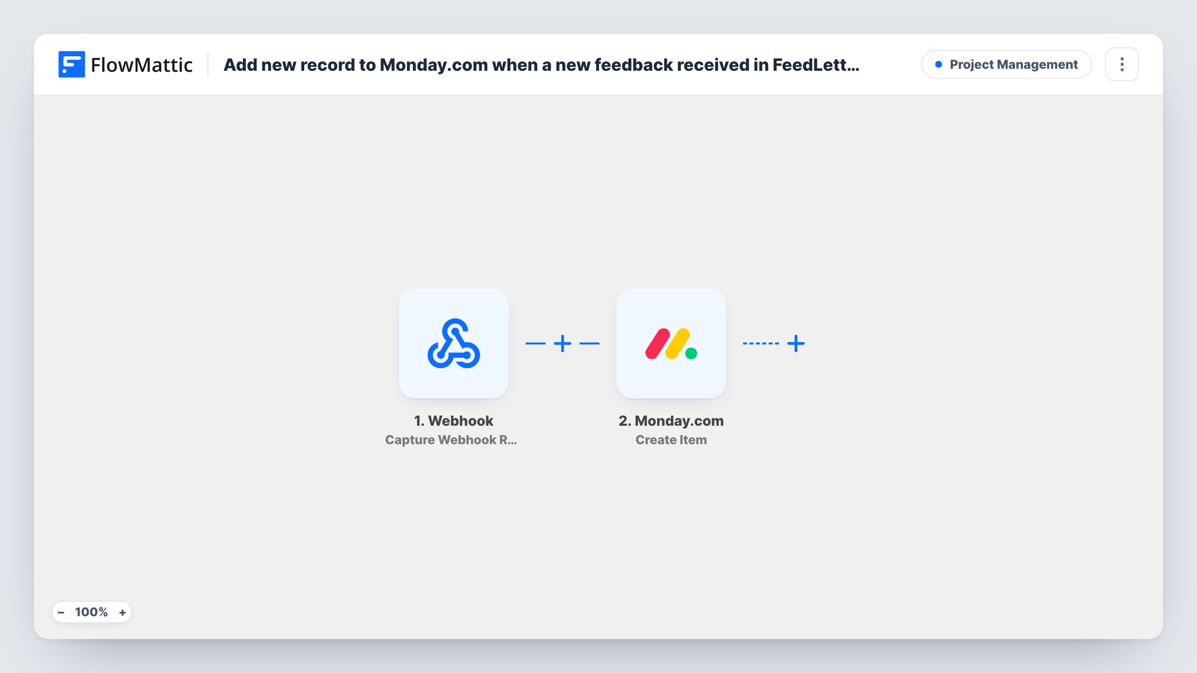 The Add new record to Monday.com when a new feedback received in FeedLetter workflow on the FlowMattic canvas, with 2 steps across FeedLetter, Monday.com