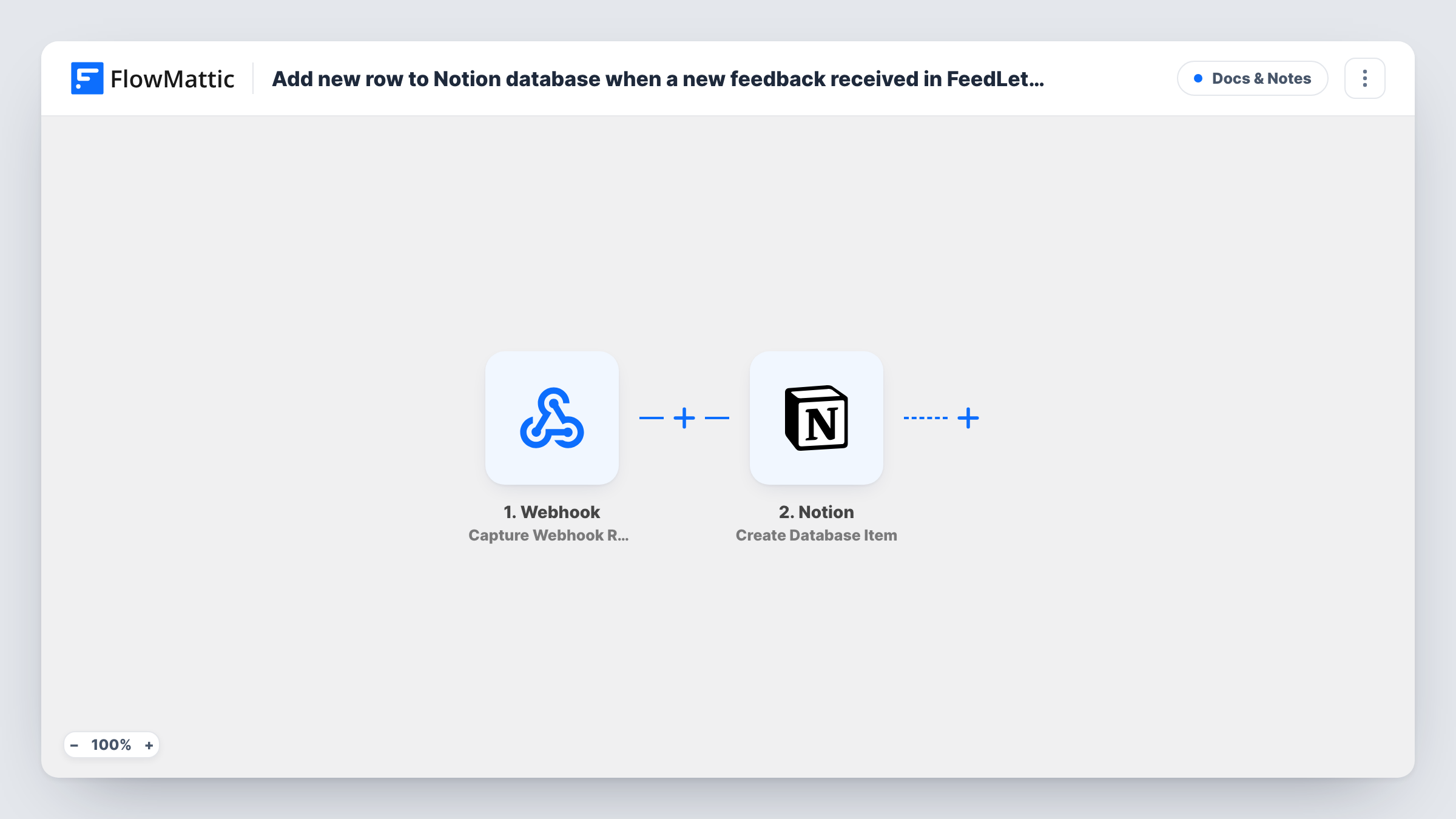 The Add new row to Notion database when a new feedback received in FeedLetter workflow on the FlowMattic canvas, with 2 steps across FeedLetter, Notion
