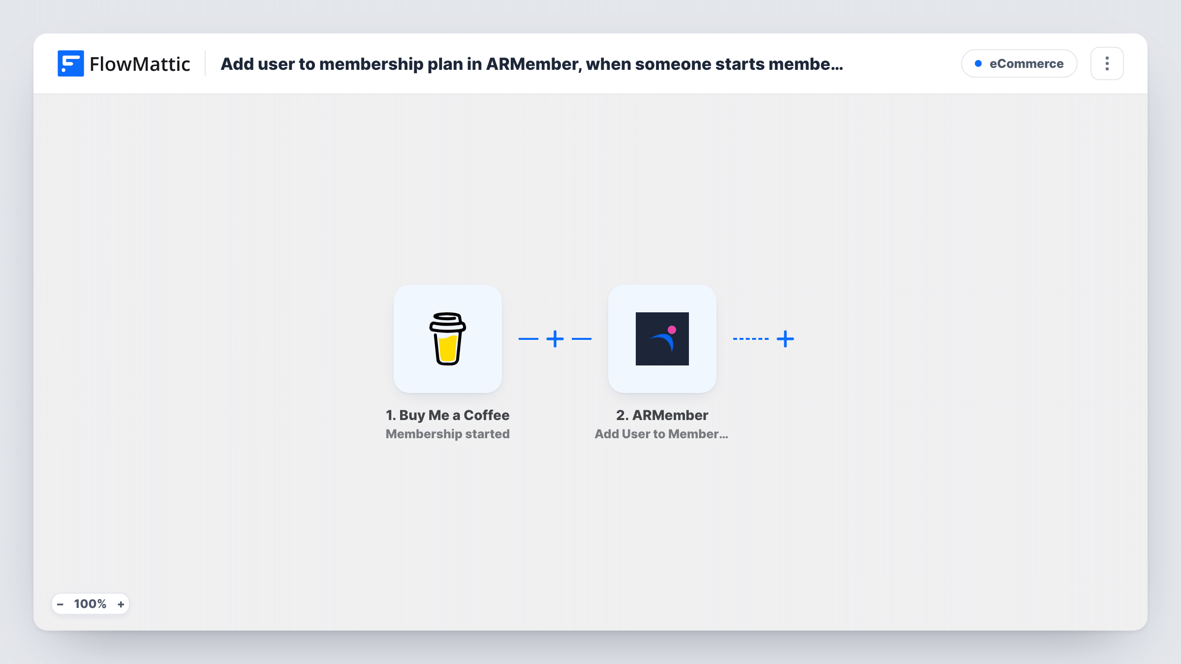 The Add user to membership plan in ARMember, when someone starts membership in Buy Me a Coffee workflow on the FlowMattic canvas, with 3 steps across Buy Me a Coffee, WordPress, ARMember