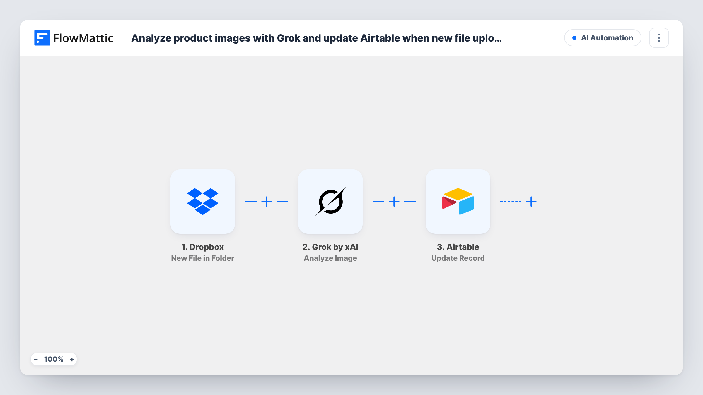 The Analyze product images with Grok and add an Airtable record when a new file is uploaded to Dropbox workflow on the FlowMattic canvas, with 4 steps across Dropbox, Grok by xAI, Airtable