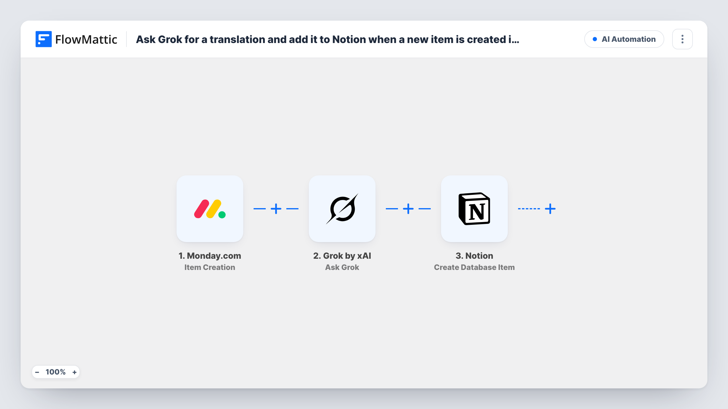 The Ask Grok for a translation and add it to Notion when a new item is created in Monday.com workflow on the FlowMattic canvas, with 3 steps across Monday.com, Grok by xAI, Notion