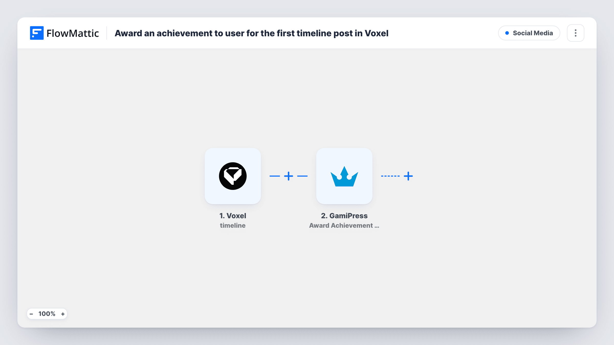 The Award an achievement to user when they post a status on their Voxel timeline workflow on the FlowMattic canvas, with 2 steps across Voxel, GamiPress