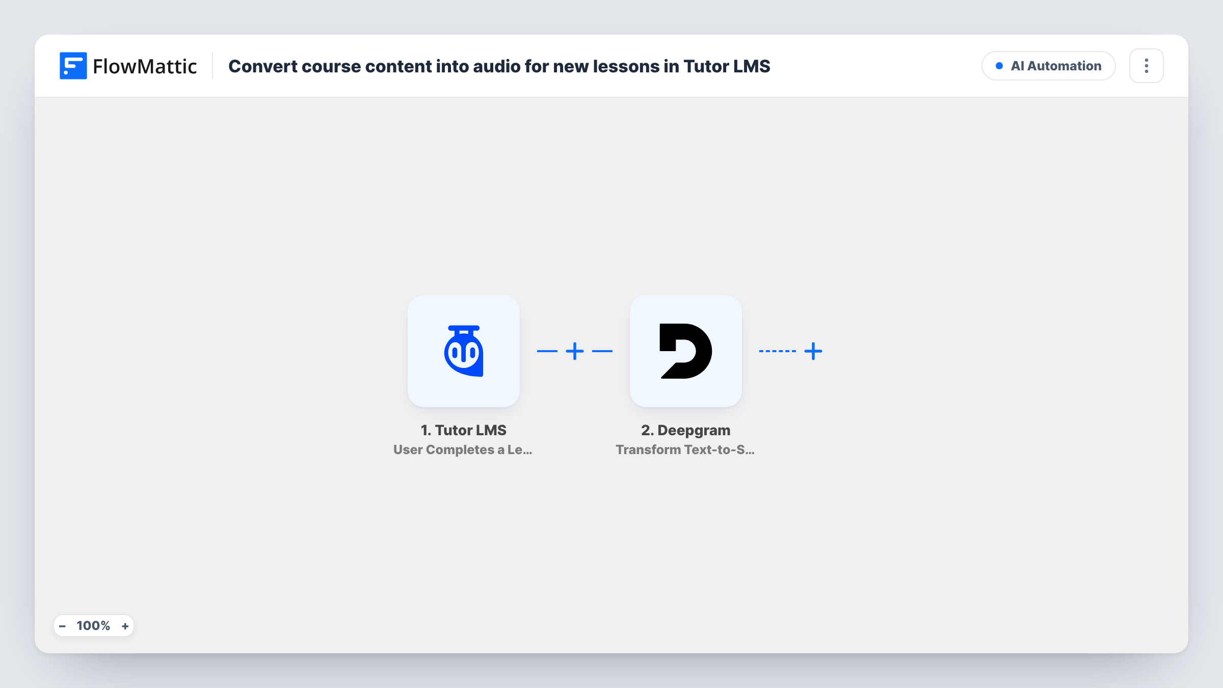 The Convert course content into audio for new lessons in Tutor LMS workflow on the FlowMattic canvas, with 3 steps across WordPress, Filter, Deepgram