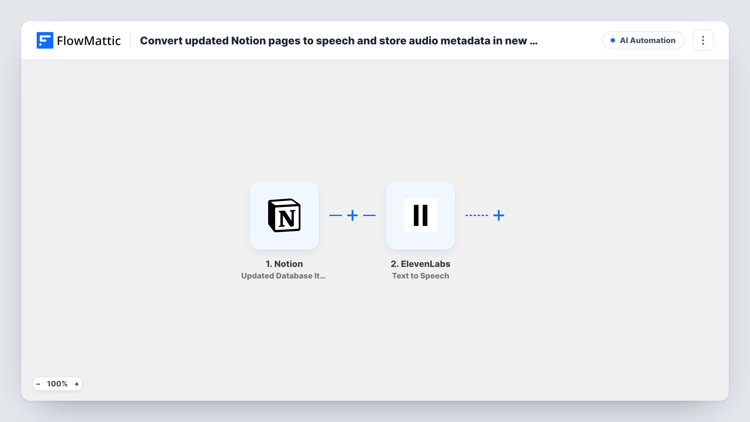 The Convert updated Notion pages to speech and store audio metadata in new database items workflow on the FlowMattic canvas, with 3 steps across Notion, ElevenLabs