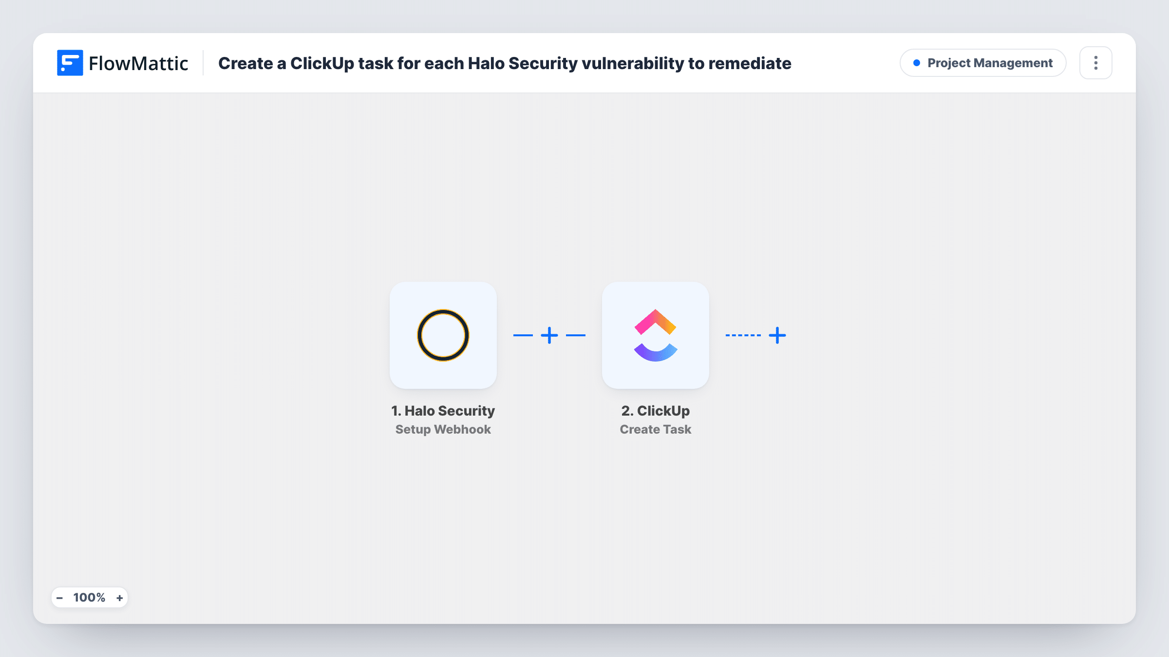 The Create a ClickUp task for each Halo Security webhook event workflow on the FlowMattic canvas, with 2 steps across Halo Security, ClickUp