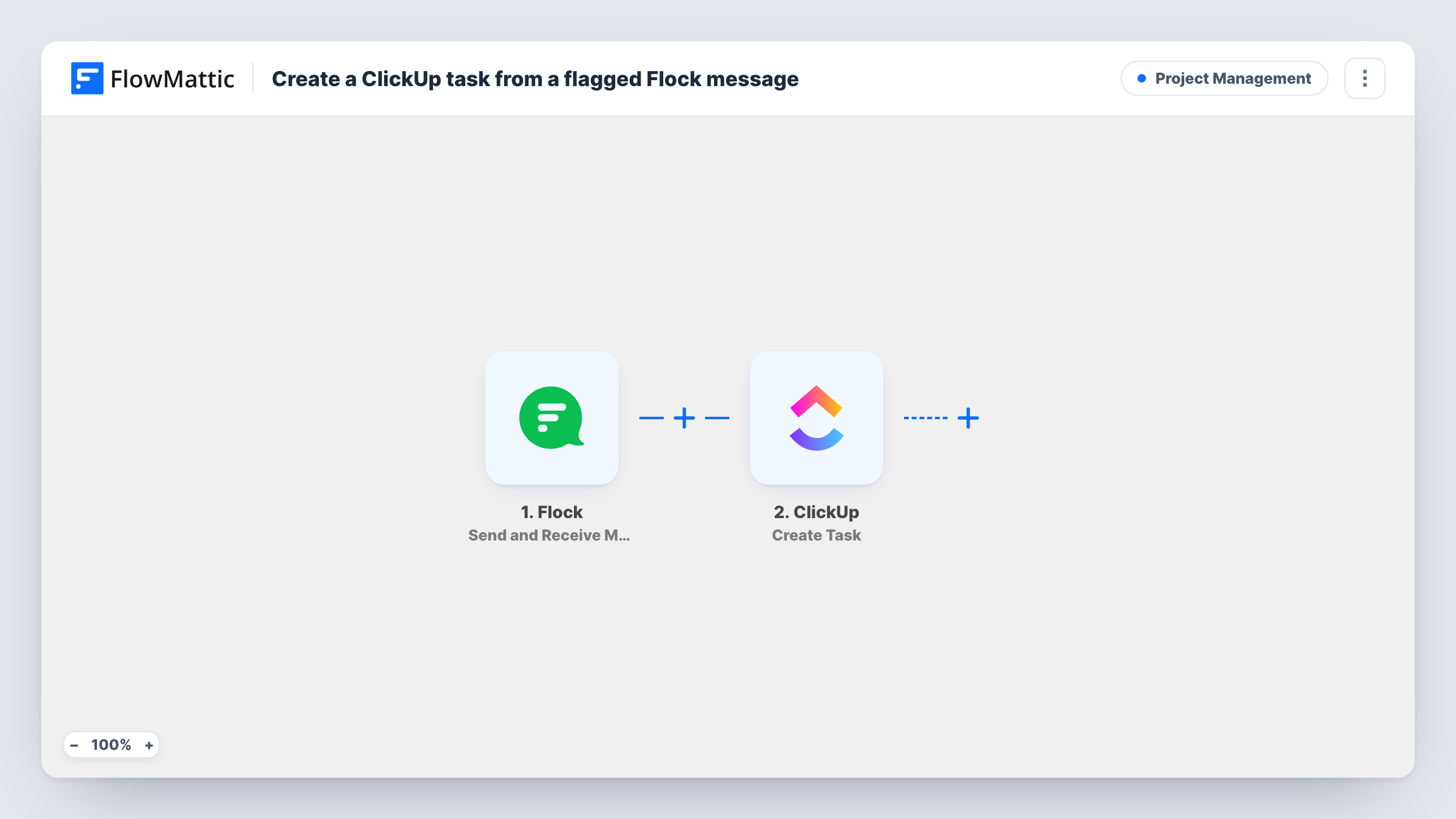 The Create a ClickUp task from each new Flock message workflow on the FlowMattic canvas, with 2 steps across Flock, ClickUp