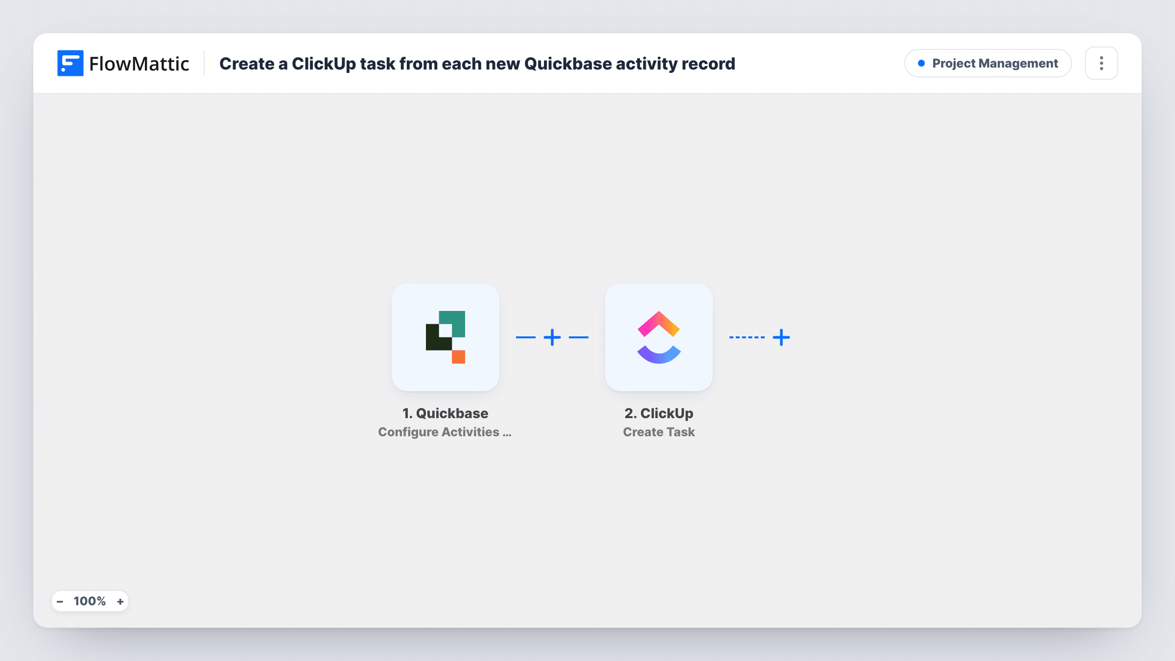 The Create a ClickUp task from each new Quickbase activity record workflow on the FlowMattic canvas, with 2 steps across Quickbase, ClickUp