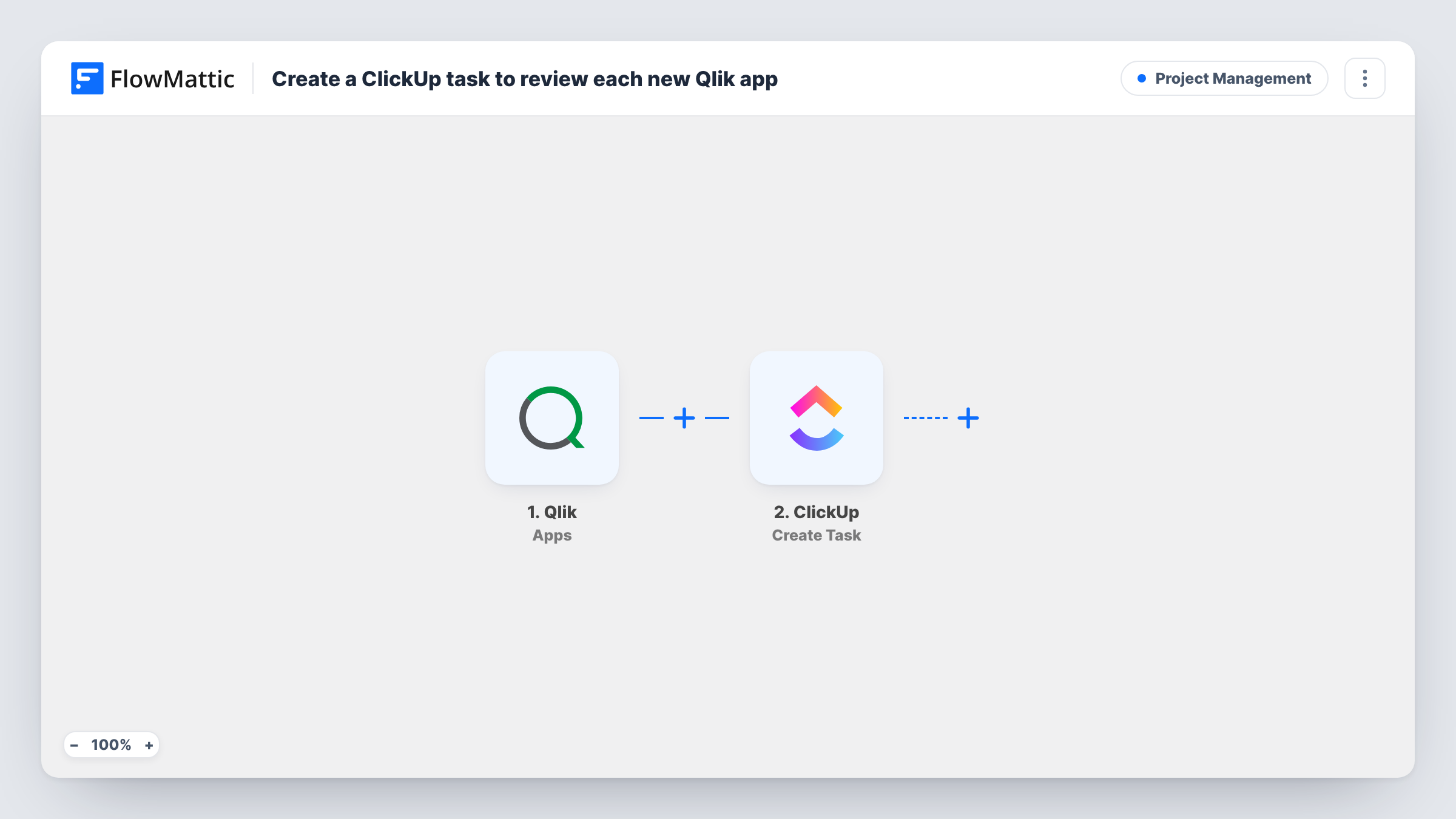 The Create a ClickUp task to review each Qlik app event workflow on the FlowMattic canvas, with 2 steps across Qlik, ClickUp