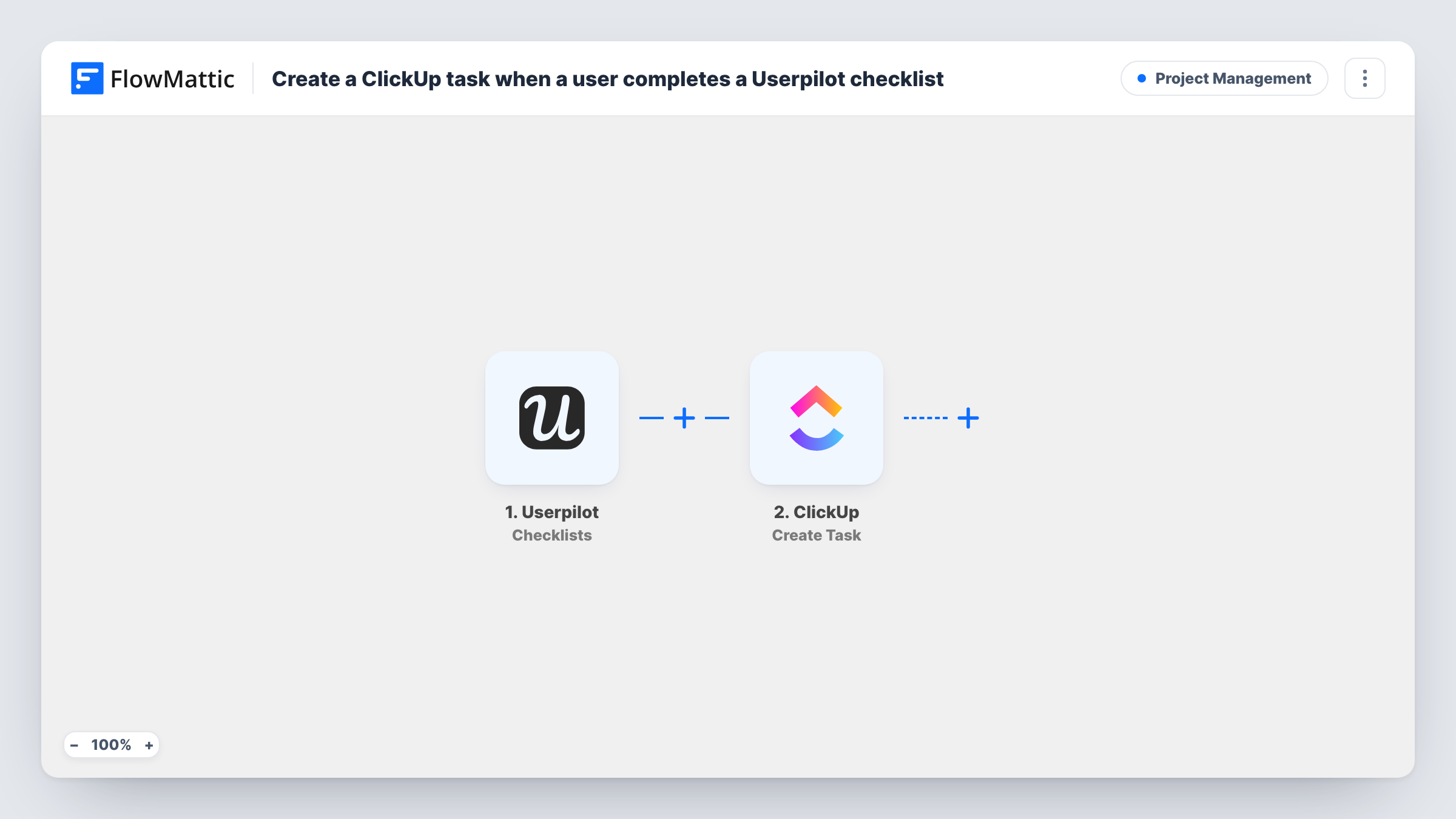 The Create a ClickUp task when a Userpilot checklist event is received workflow on the FlowMattic canvas, with 2 steps across Userpilot, ClickUp