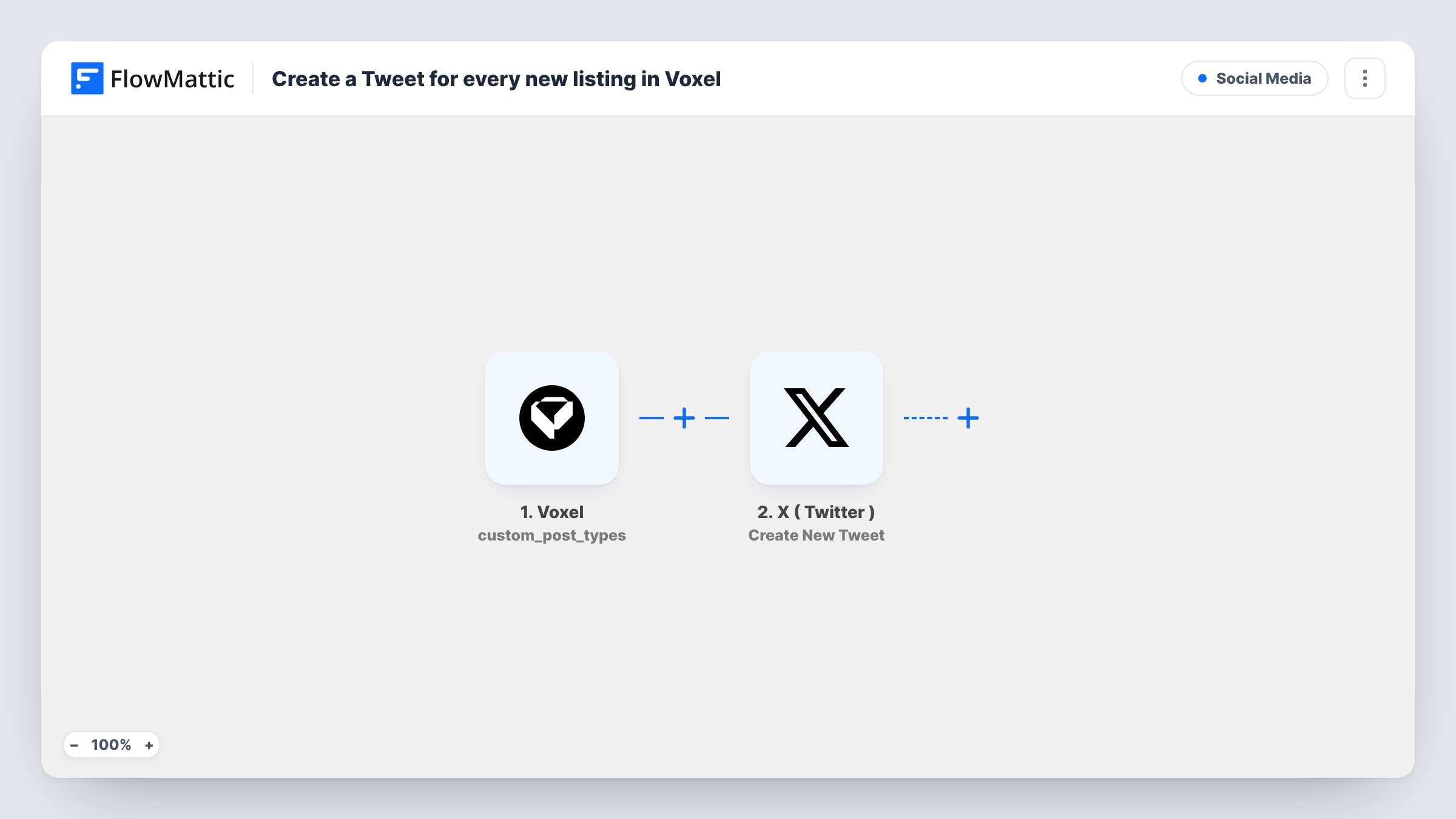 The Create a Tweet for every new listing in Voxel workflow on the FlowMattic canvas, with 2 steps across Voxel, X ( Twitter )