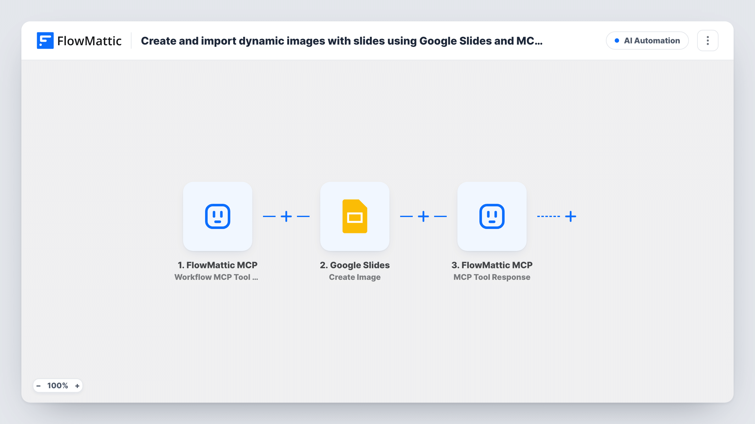 The Create and import dynamic images with slides using Google Slides and MCP Server workflow on the FlowMattic canvas, with 3 steps across FlowMattic MCP, Google Slides