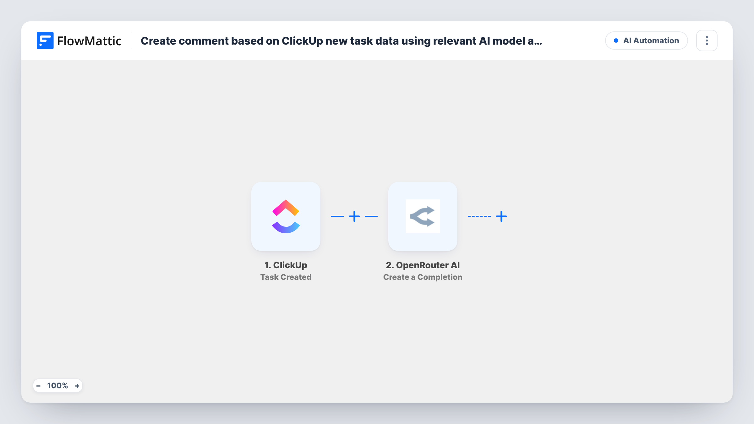 The Create comment based on ClickUp new task data using relevant AI model and Post as comment workflow on the FlowMattic canvas, with 4 steps across ClickUp, OpenRouter AI