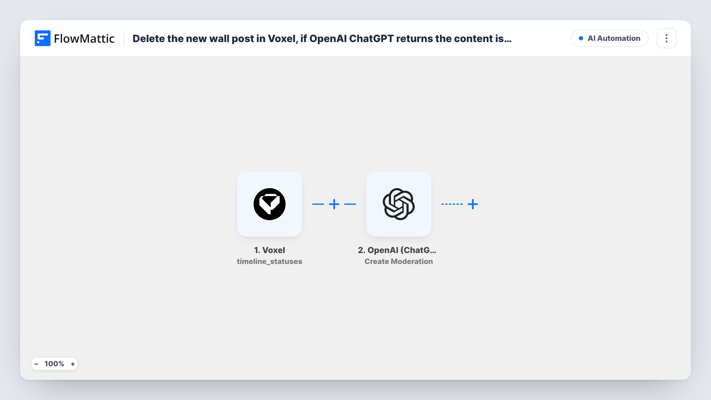 The Delete the new wall post in Voxel, if OpenAI ChatGPT returns the content is spam workflow on the FlowMattic canvas, with 4 steps across Voxel, OpenAI (ChatGPT), Branch