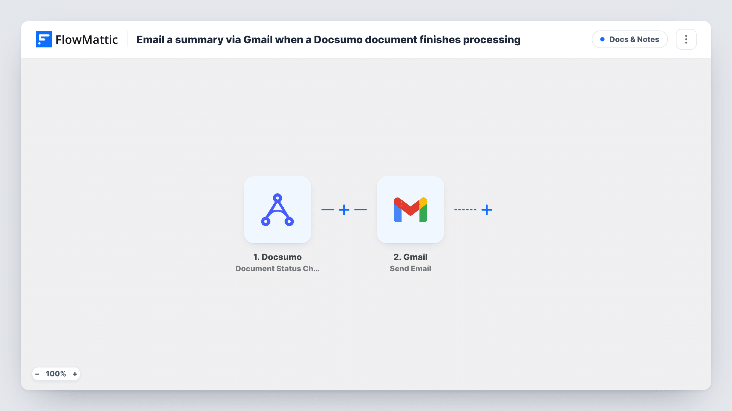 The Email a summary via Gmail when a Docsumo document status changes workflow on the FlowMattic canvas, with 2 steps across Docsumo, Gmail