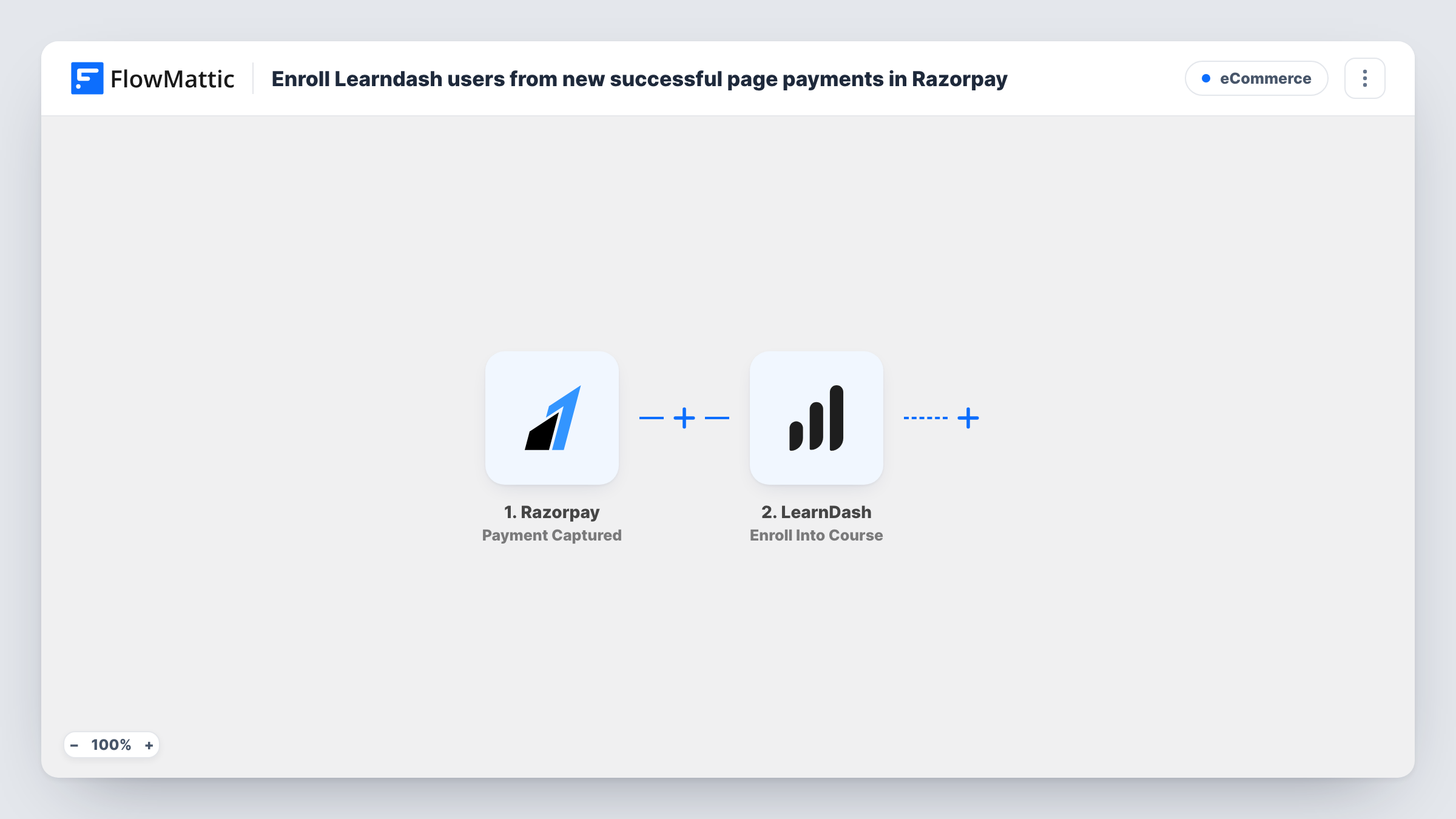 The Enroll LearnDash users from new captured payments in Razorpay workflow on the FlowMattic canvas, with 4 steps across Razorpay, WordPress, Filter, LearnDash