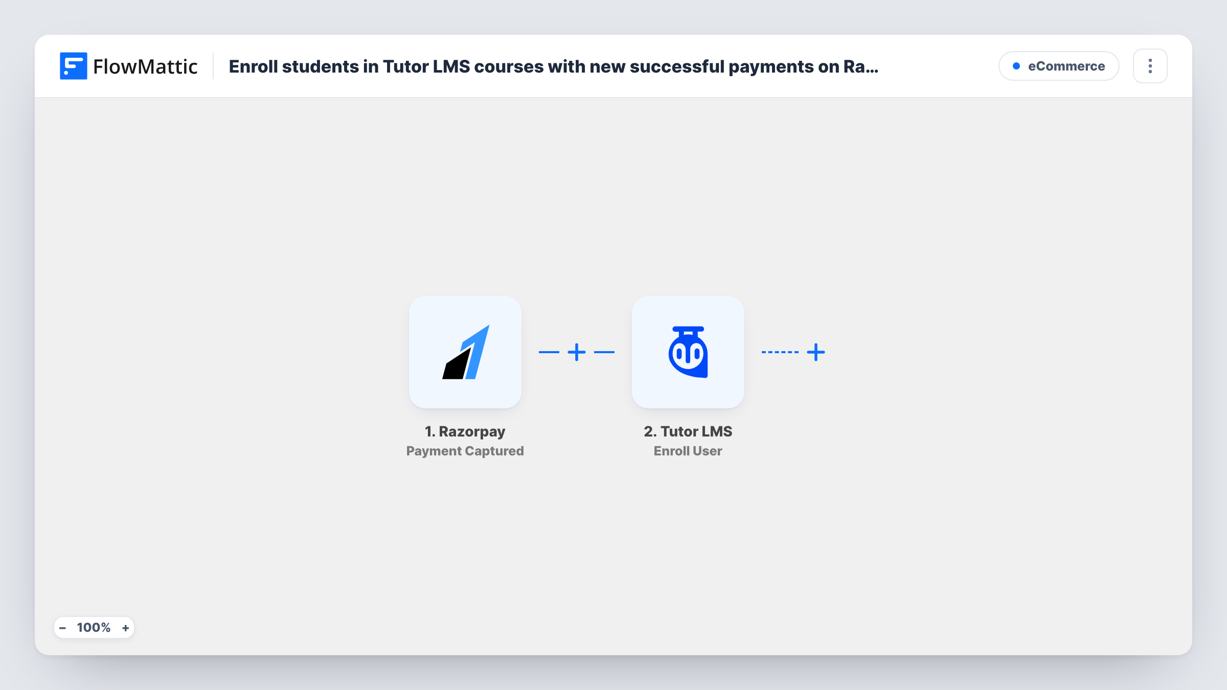 The Enroll students in Tutor LMS courses with new successful payments on Razorpay workflow on the FlowMattic canvas, with 6 steps across Razorpay, WordPress, Branch, Tutor LMS