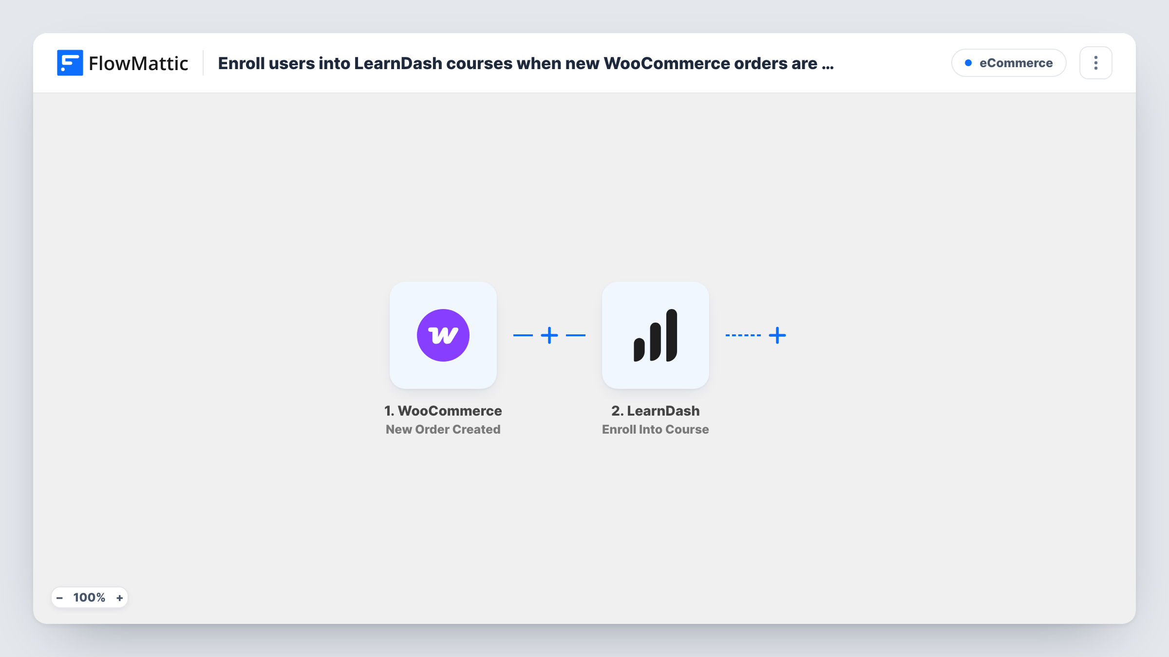 The Enroll users into LearnDash courses when new WooCommerce orders are placed workflow on the FlowMattic canvas, with 3 steps across WooCommerce, WordPress, LearnDash