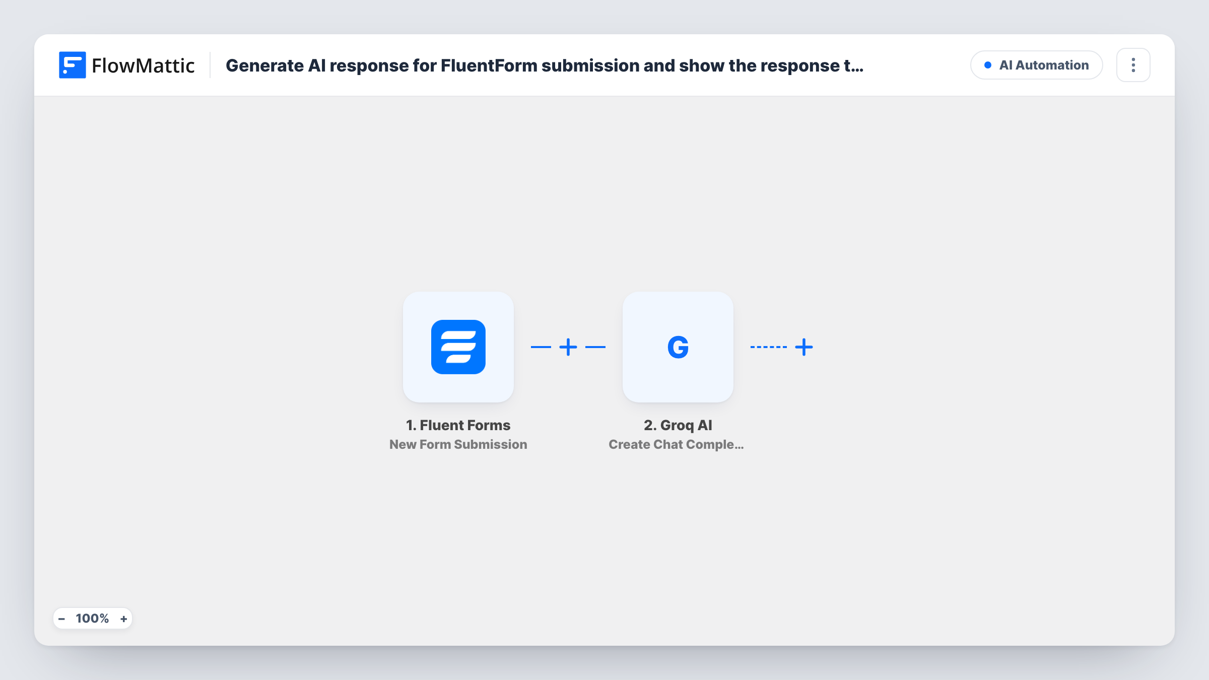 The Generate AI response for FluentForm submission and show the response to the user workflow on the FlowMattic canvas, with 3 steps across Fluent Forms, Groq AI