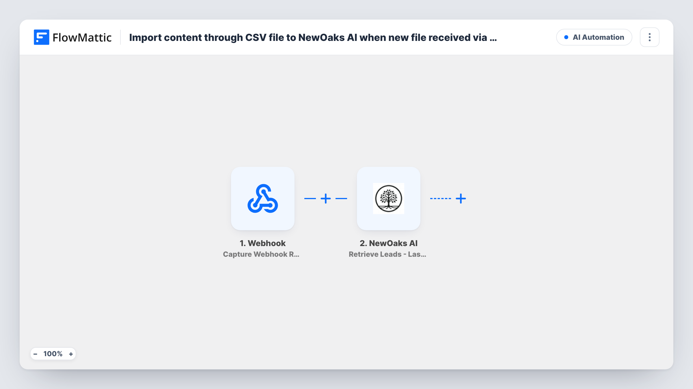 The Import content through CSV file to NewOaks AI when new file received via webhook workflow on the FlowMattic canvas, with 2 steps across Webhook, NewOaks AI