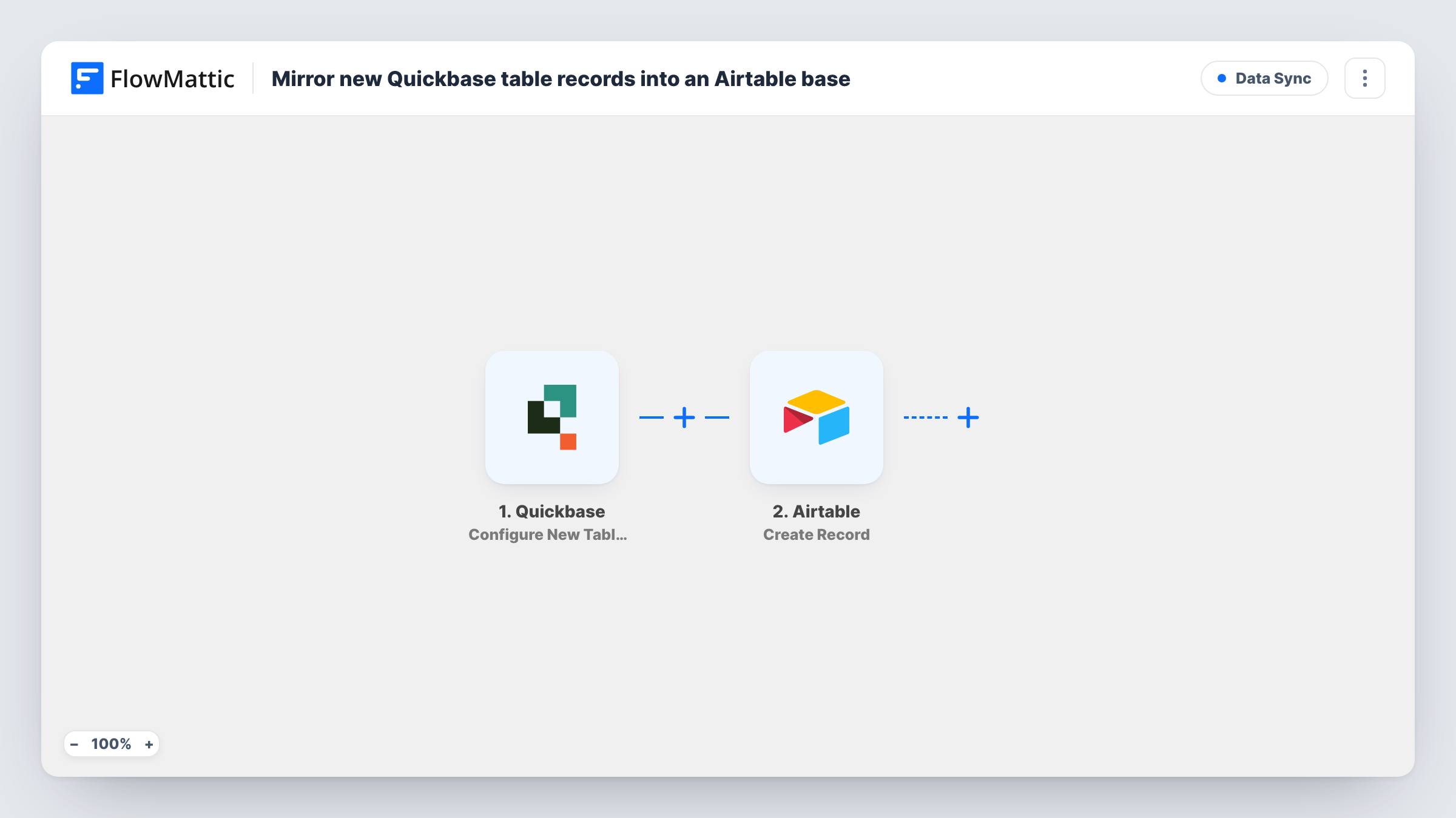 The Mirror new Quickbase table records into an Airtable base workflow on the FlowMattic canvas, with 2 steps across Quickbase, Airtable