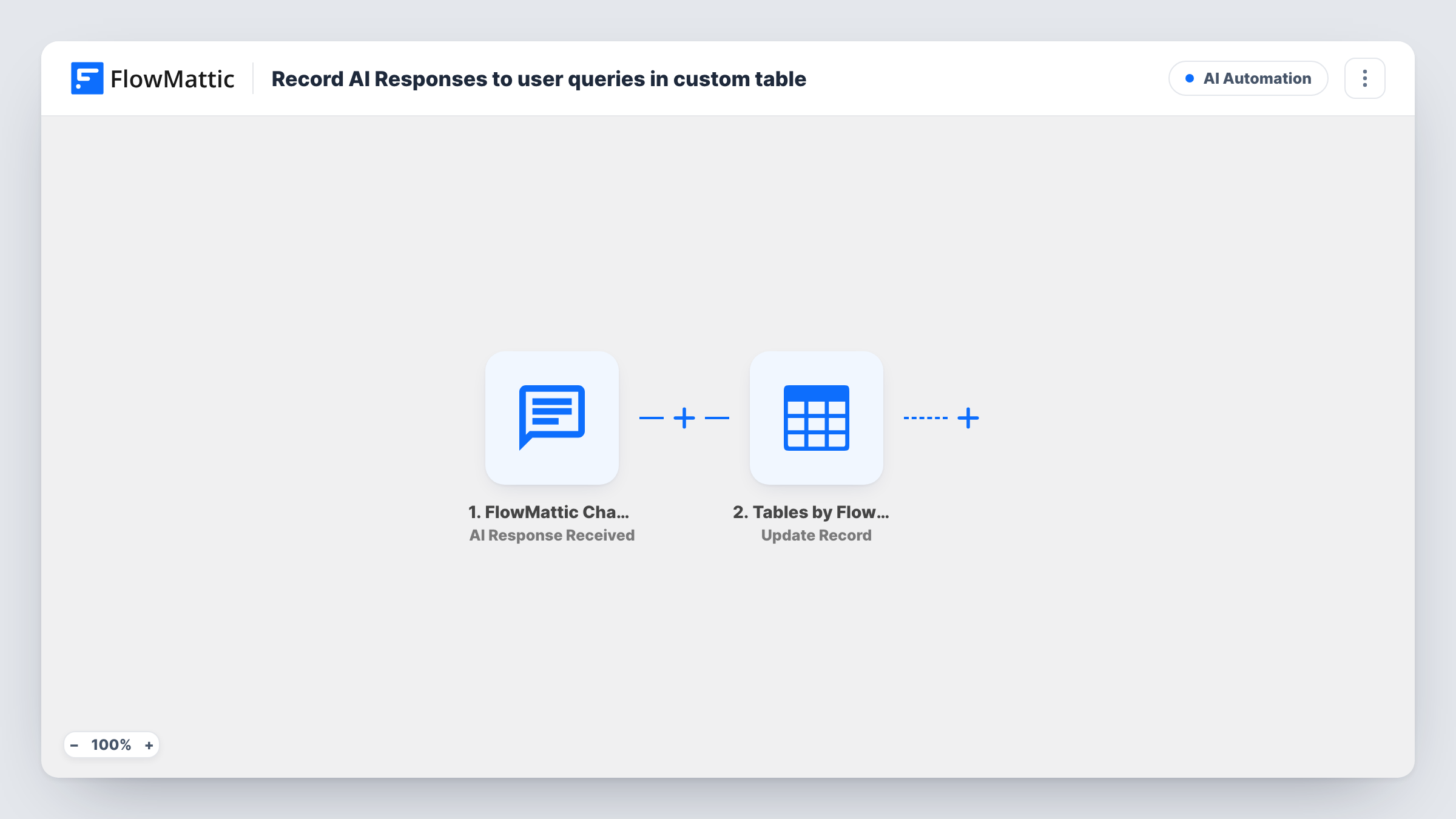 The Record AI Responses to user queries in custom table workflow on the FlowMattic canvas, with 2 steps across FlowMattic Chatbot, Tables by FlowMattic