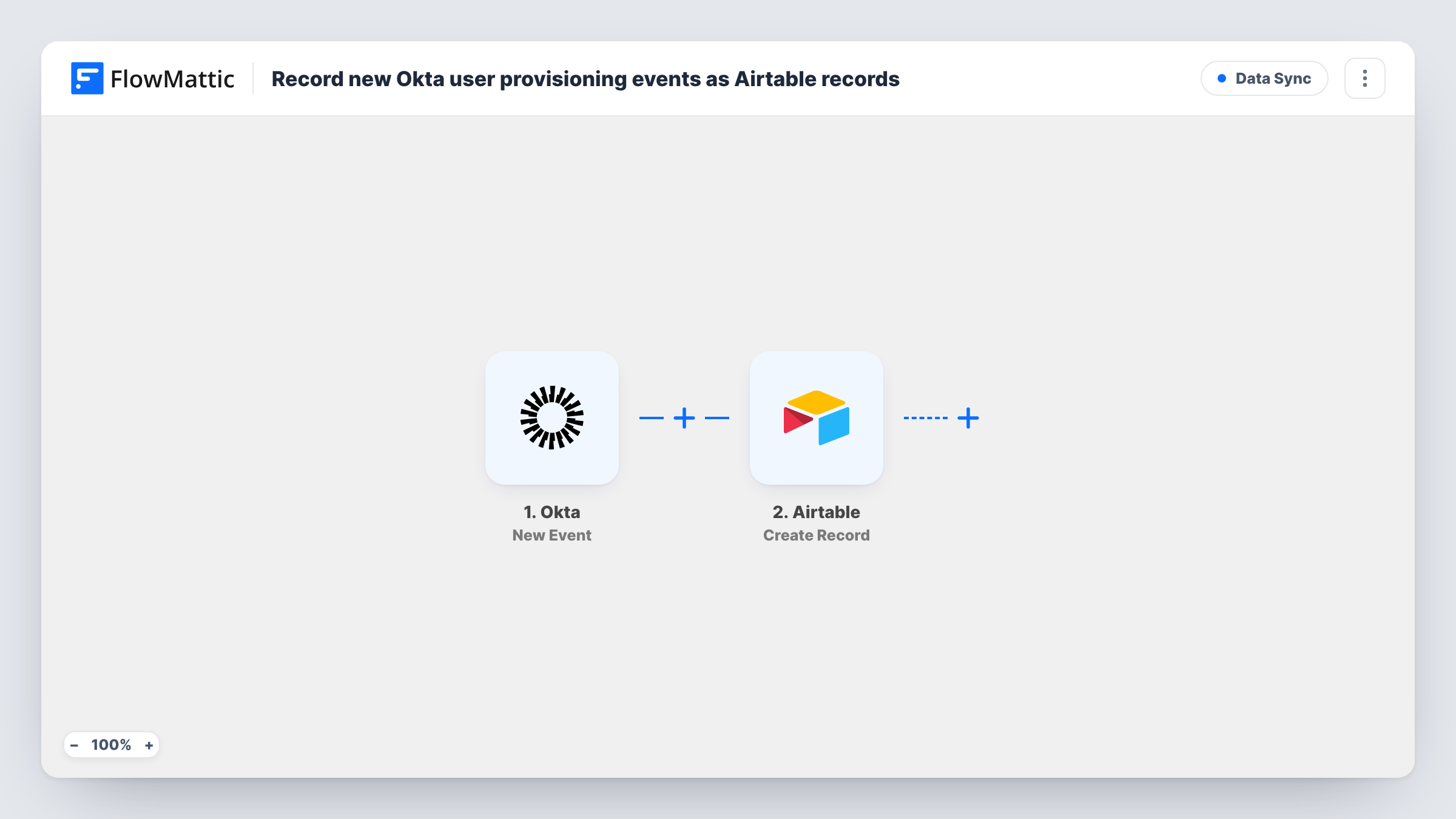 The Record new Okta user provisioning events as Airtable records workflow on the FlowMattic canvas, with 2 steps across Okta, Airtable