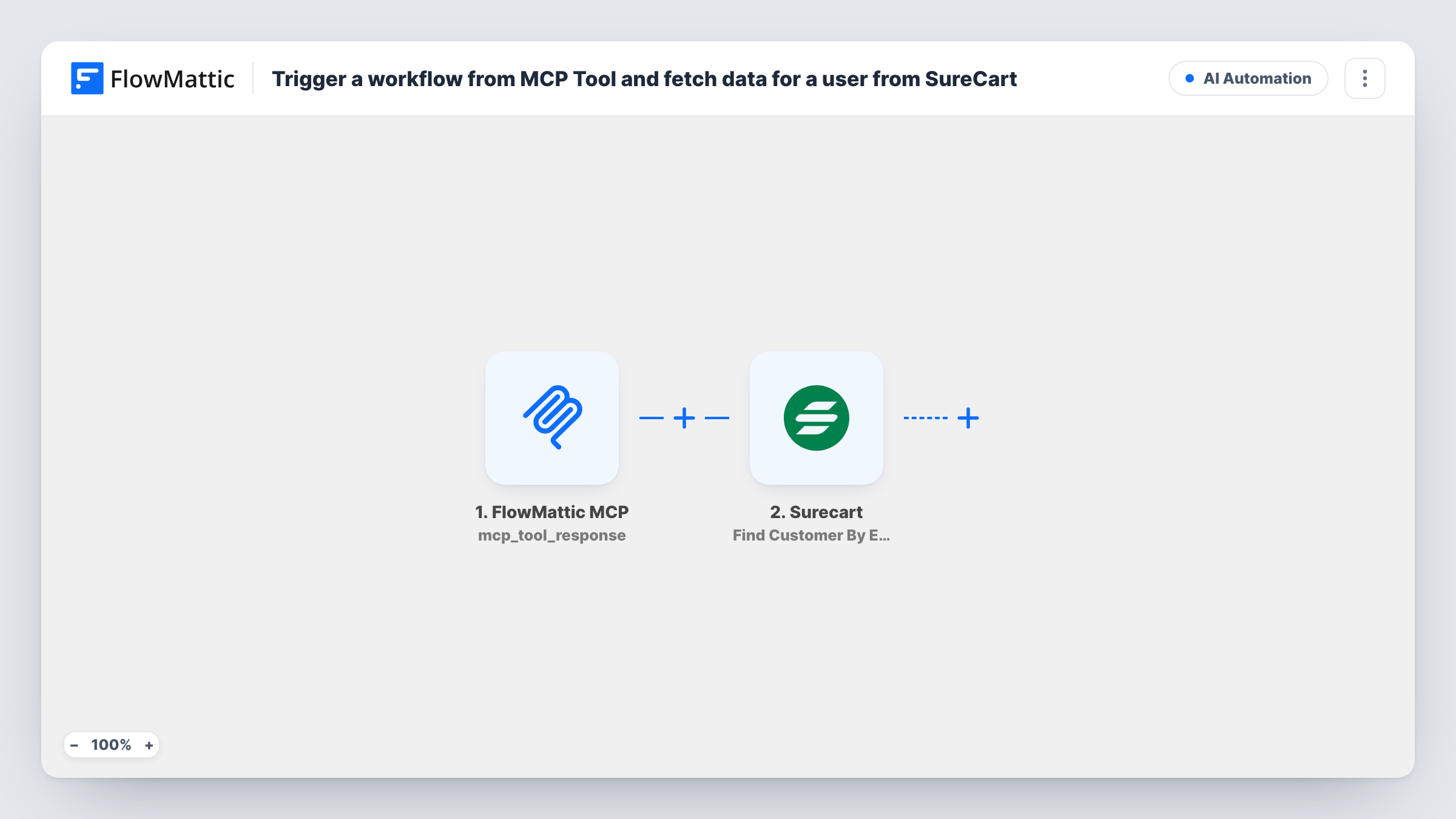The Trigger a workflow from MCP Tool and fetch data for a user from SureCart workflow on the FlowMattic canvas, with 3 steps across FlowMattic MCP, Surecart