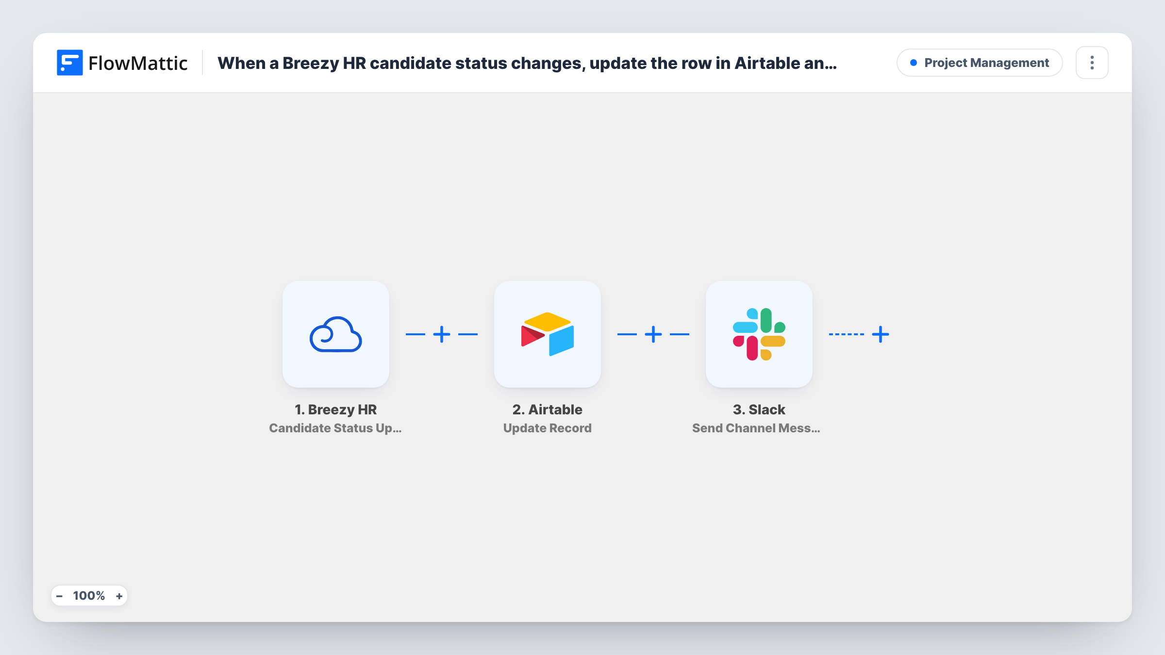The When a Breezy HR candidate status changes, update the row in Airtable and notify the panel in Slack workflow on the FlowMattic canvas, with 4 steps across Breezy HR, Airtable, Slack