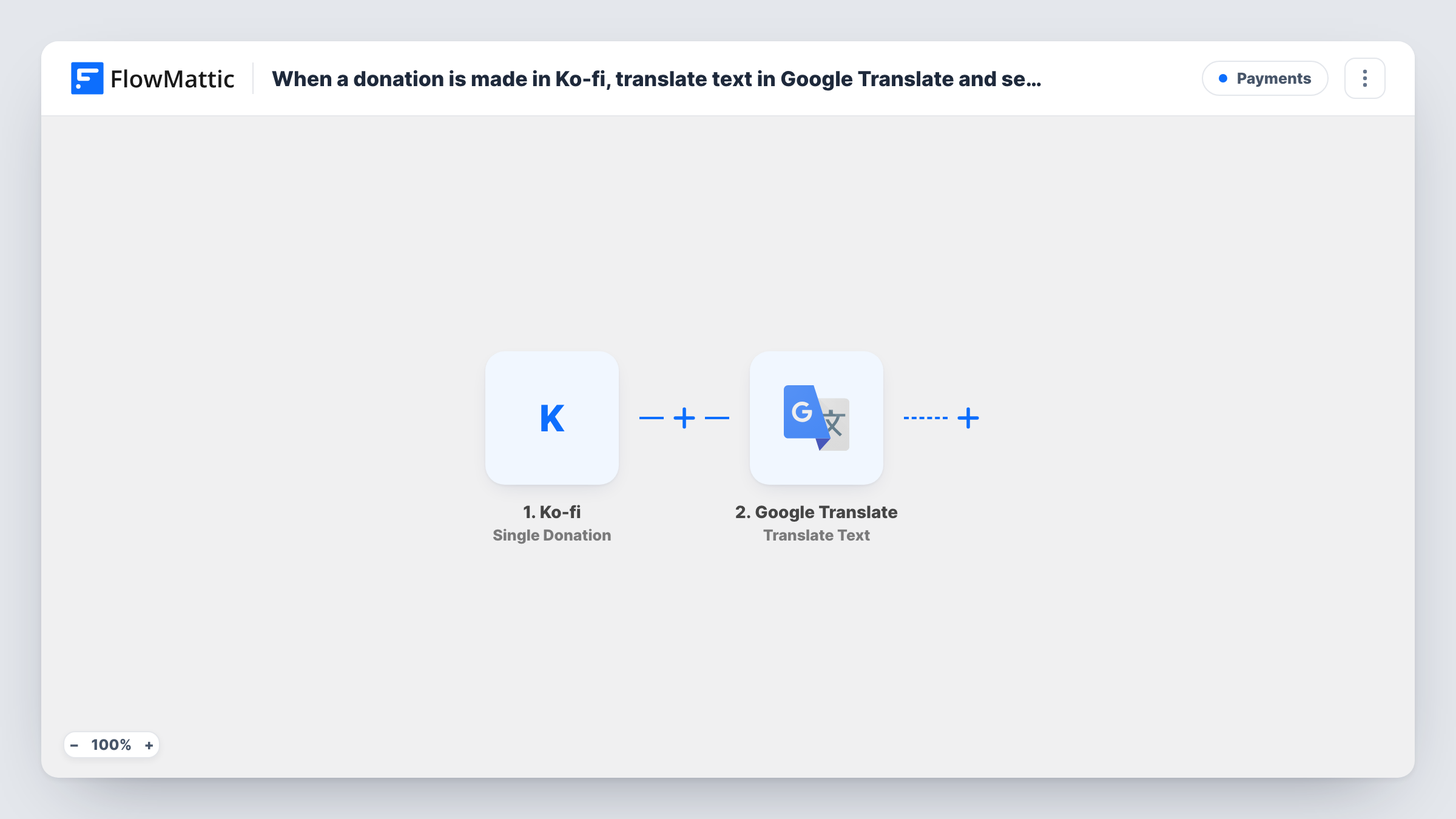 The When a donation is made in Ko-fi, translate text in Google Translate and send thank you via Email SMTP workflow on the FlowMattic canvas, with 3 steps across Ko-fi, Google Translate, Email