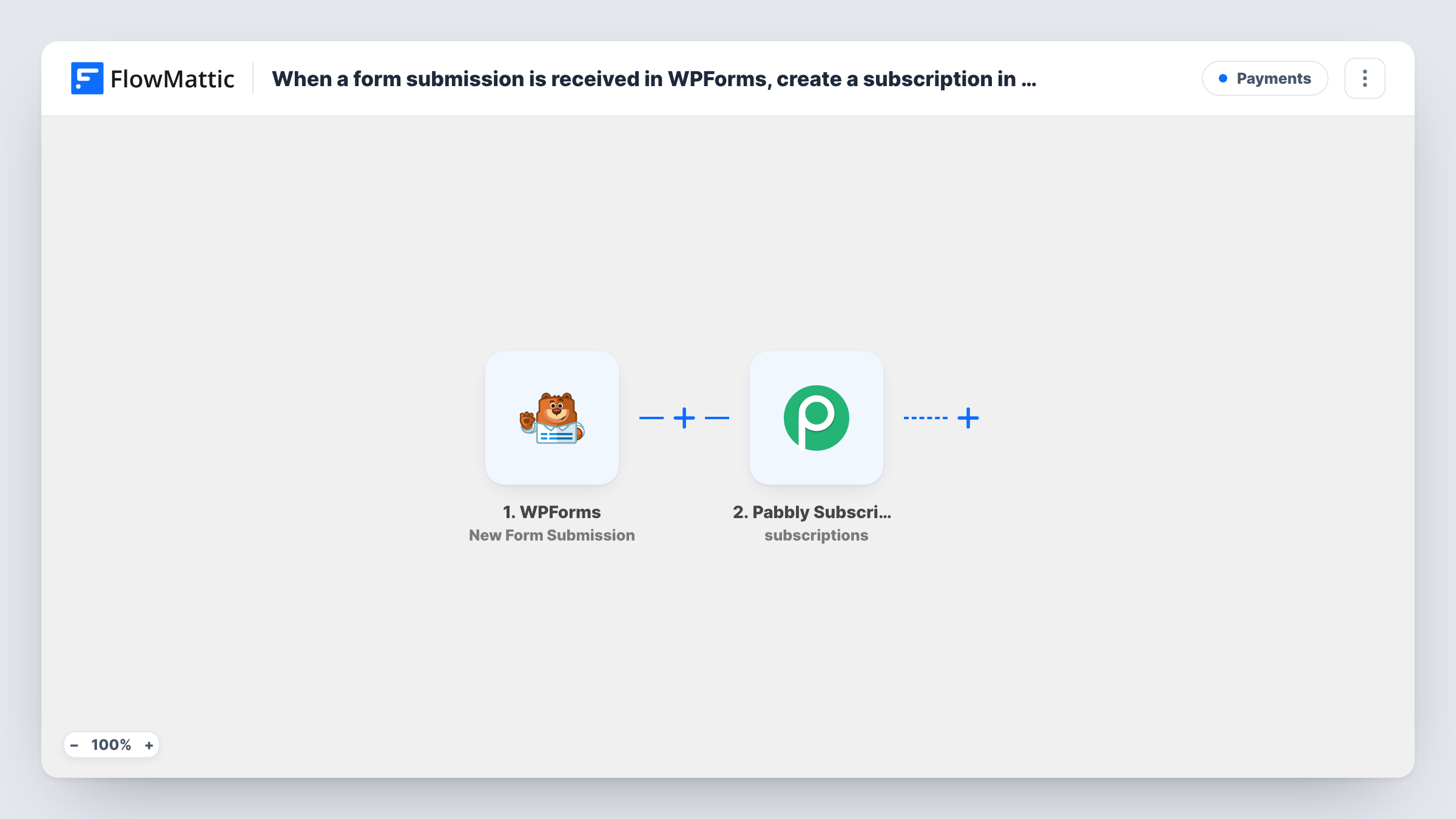 The When a form submission is received in WPForms, create a subscription in Pabbly Subscriptions workflow on the FlowMattic canvas, with 3 steps across WPForms, Pabbly Subscriptions
