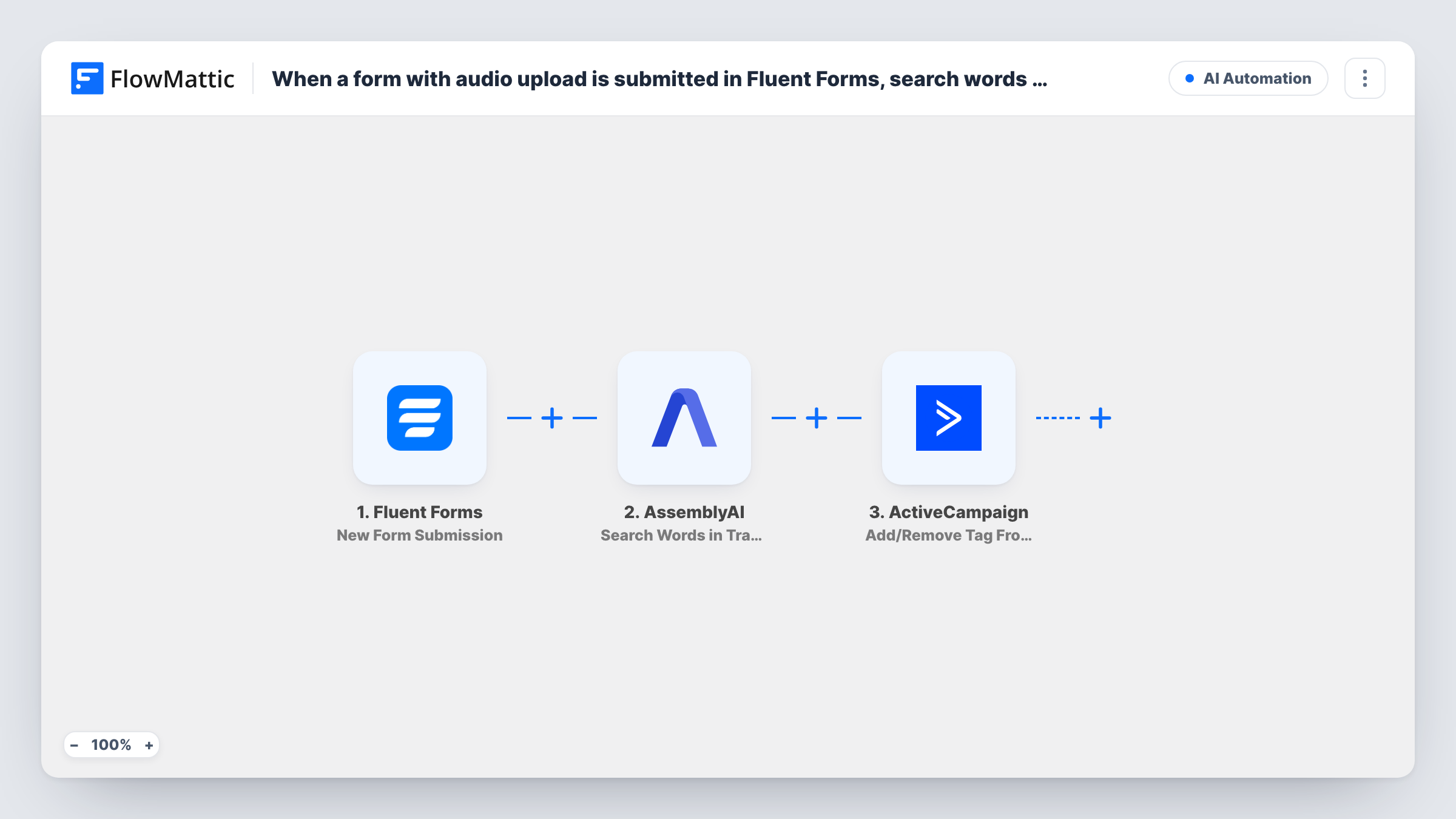 The When a form with audio upload is submitted in Fluent Forms, search words in transcript in AssemblyAI and tag in ActiveCampaign workflow on the FlowMattic canvas, with 4 steps across Fluent Forms, AssemblyAI, ActiveCampaign