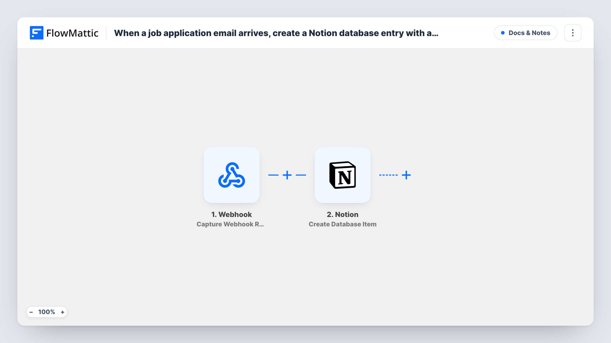 The When a job application email arrives, create a Notion database entry with applicant details workflow on the FlowMattic canvas, with 2 steps across IMAP Email Parser, Notion