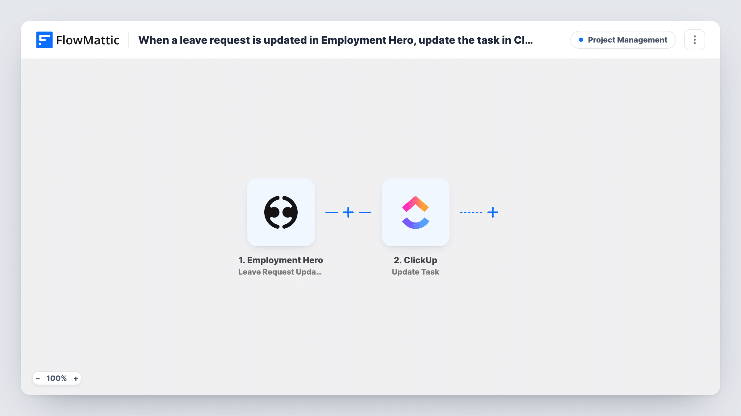 The Create a ClickUp task when a leave request is updated in Employment Hero workflow on the FlowMattic canvas, with 2 steps across Employment Hero, ClickUp