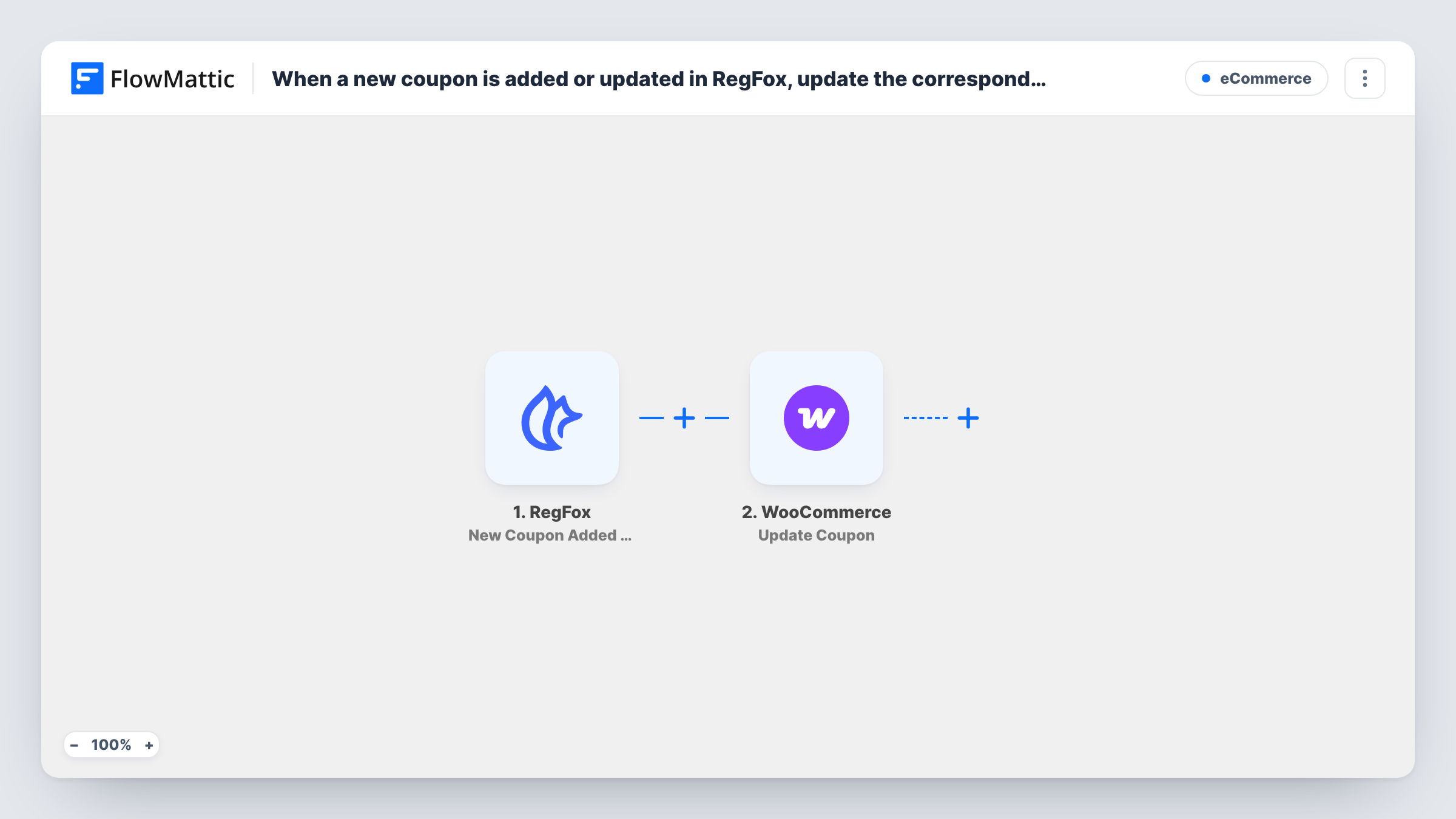 The When a new coupon is added or updated in RegFox, update the corresponding discount in WooCommerce workflow on the FlowMattic canvas, with 3 steps across RegFox, WooCommerce