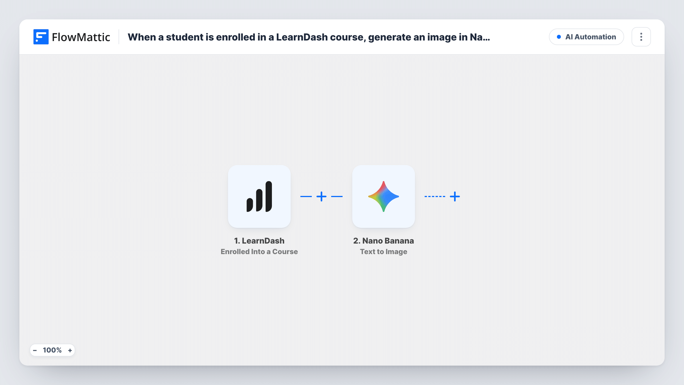 The When a student is enrolled in a LearnDash course, generate an image in Nano Banana workflow on the FlowMattic canvas, with 2 steps across LearnDash, Nano Banana