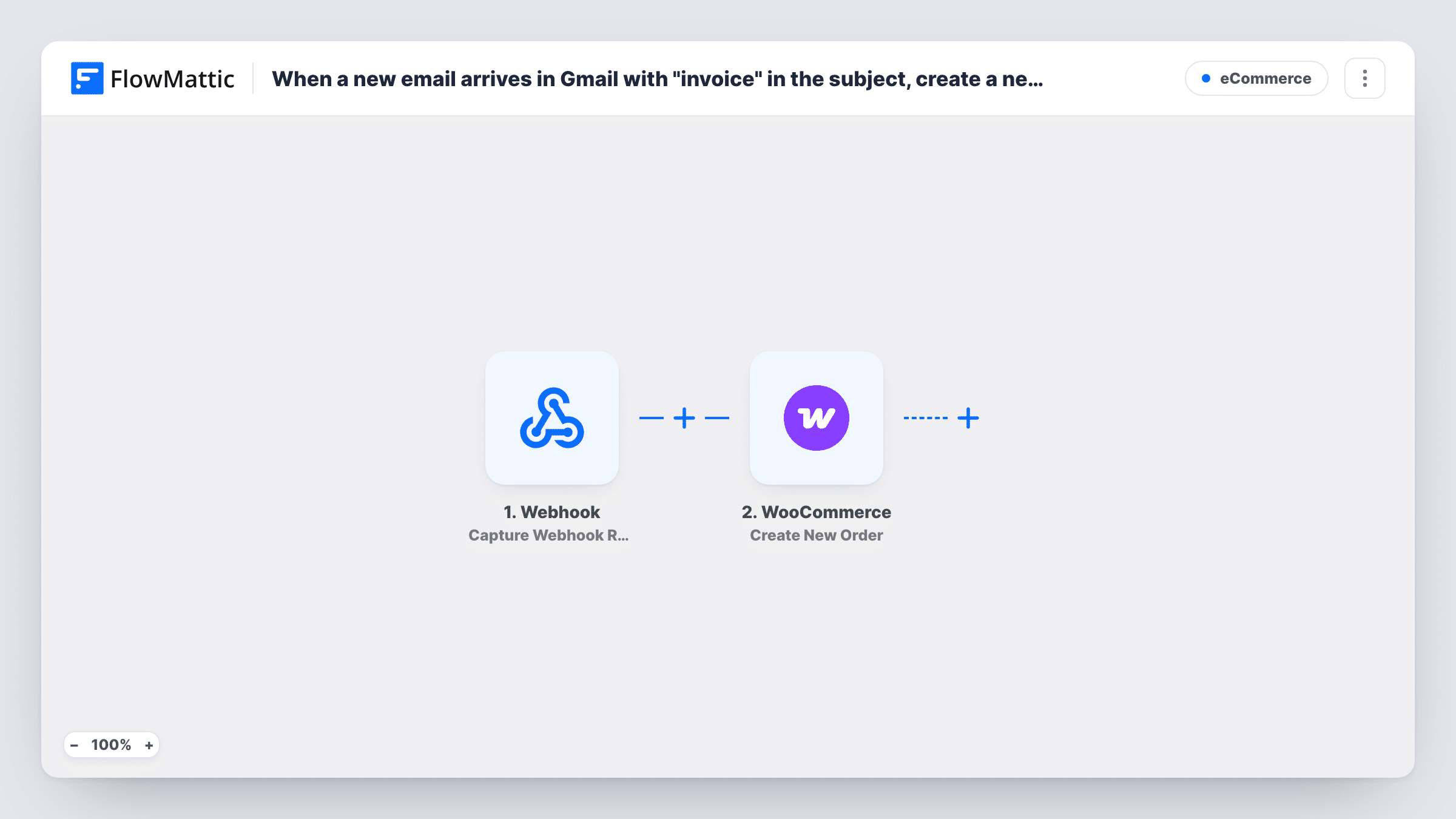 The When an email with "invoice" in the subject arrives in Gmail (via IMAP), create a WooCommerce order workflow on the FlowMattic canvas, with 2 steps across IMAP Email Parser, WooCommerce