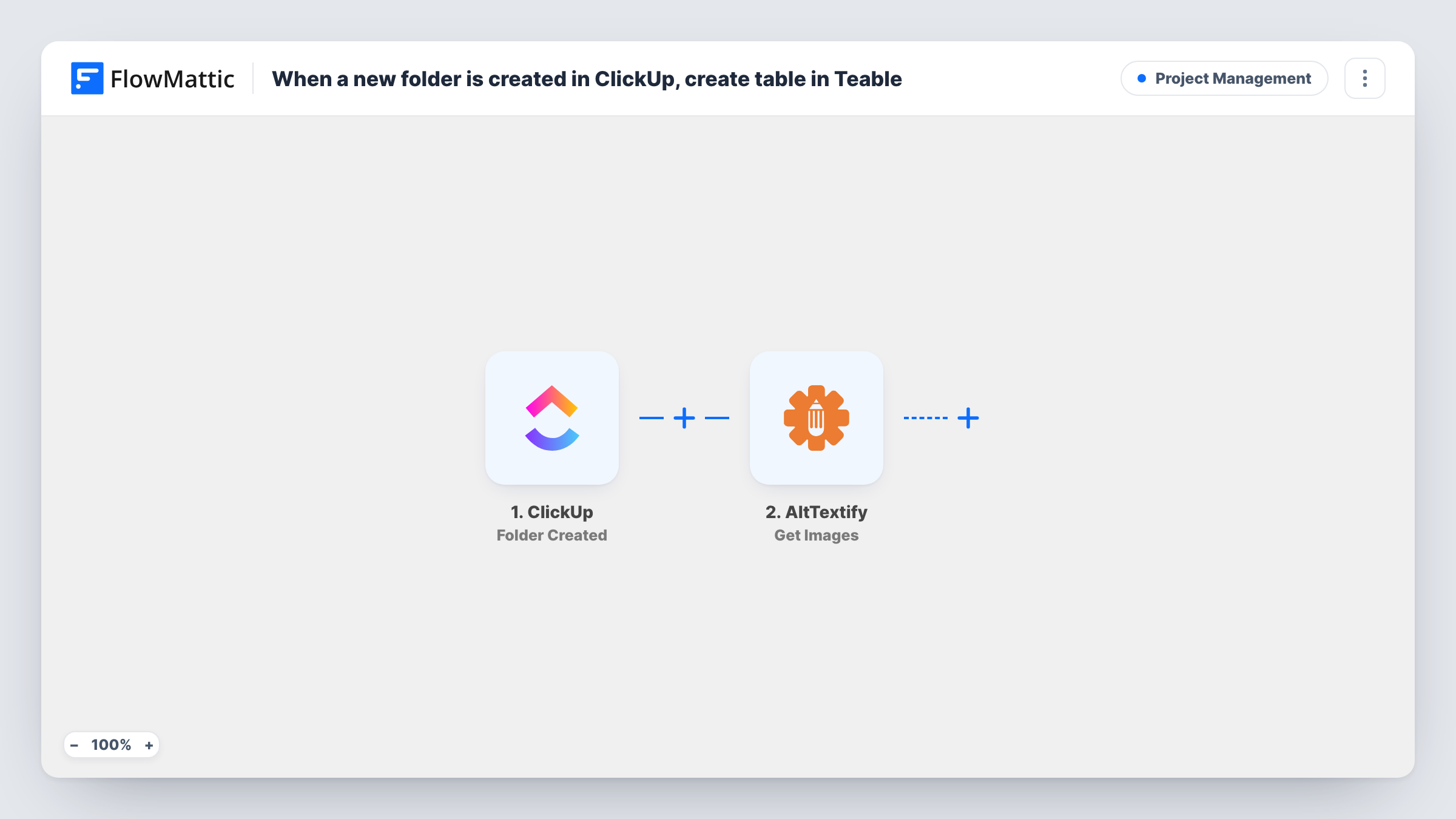 The When a new folder is created in ClickUp, create table in Teable workflow on the FlowMattic canvas, with 2 steps across ClickUp, Teable