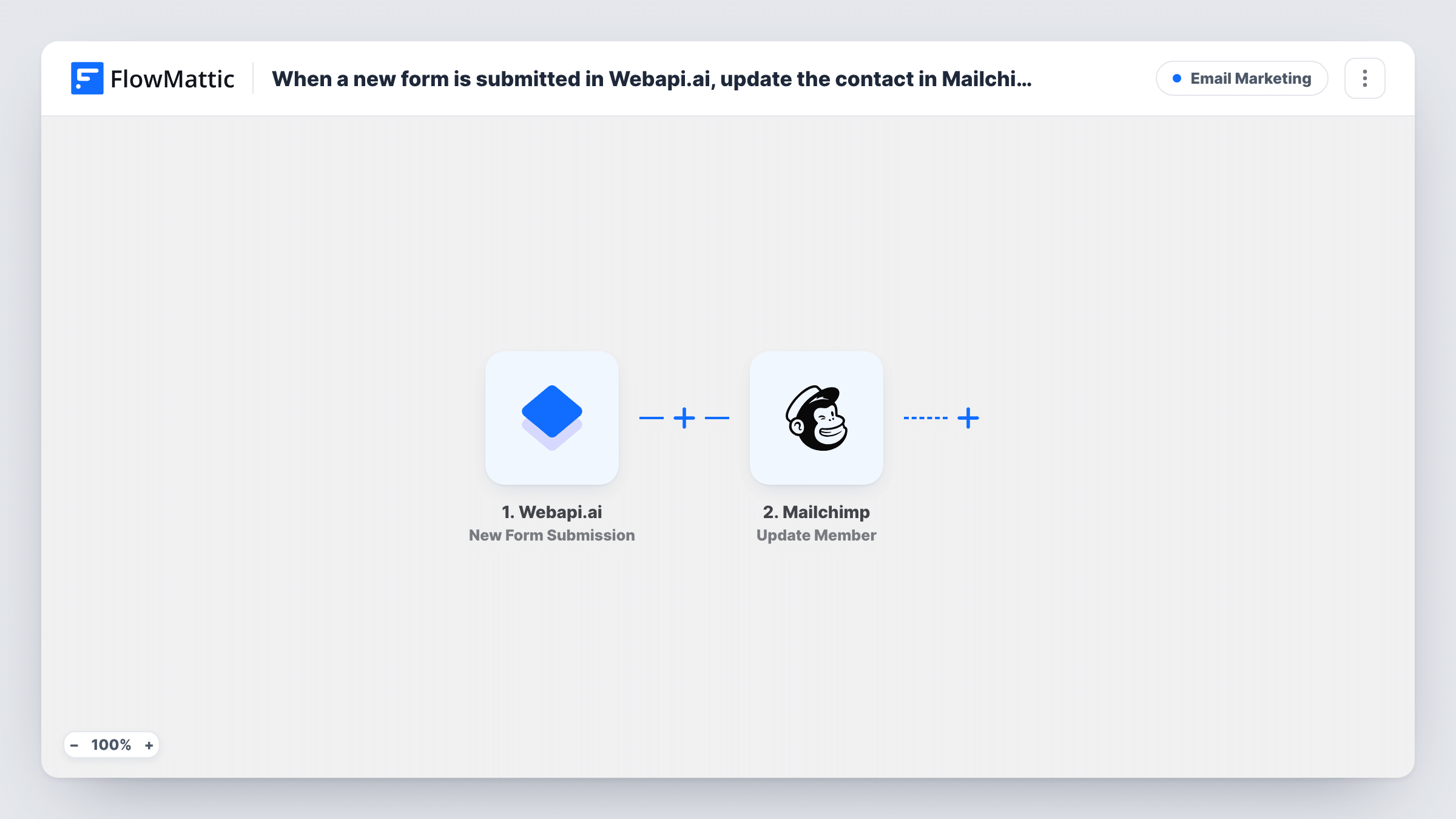 The When a new form is submitted in Webapi.ai, add or update the contact in Mailchimp workflow on the FlowMattic canvas, with 2 steps across Webapi.ai, Mailchimp