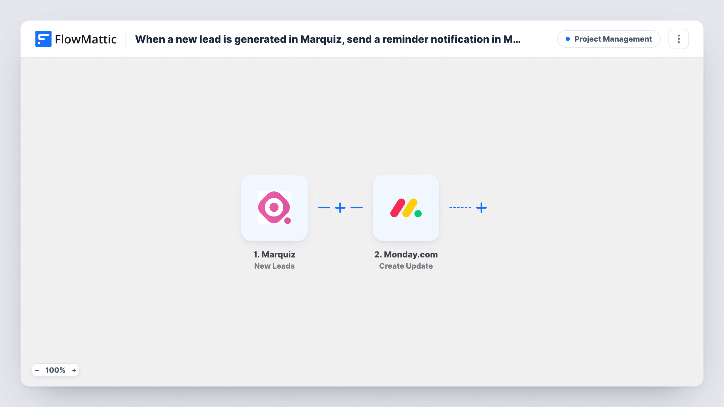 The When a new lead is generated in Marquiz, create an item and post an update in Monday.com workflow on the FlowMattic canvas, with 3 steps across Marquiz, Monday.com