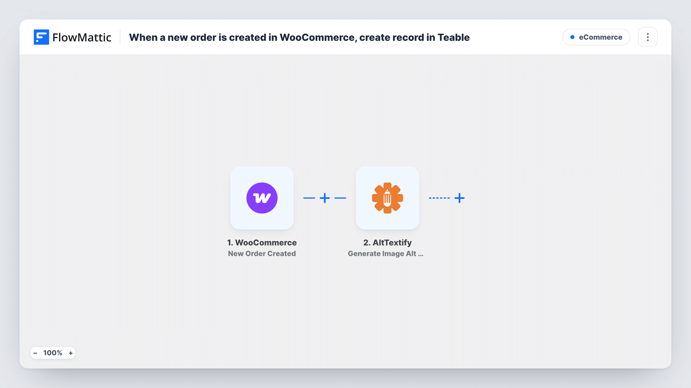 The When a new order is created in WooCommerce, create record in Teable workflow on the FlowMattic canvas, with 2 steps across WooCommerce, Teable