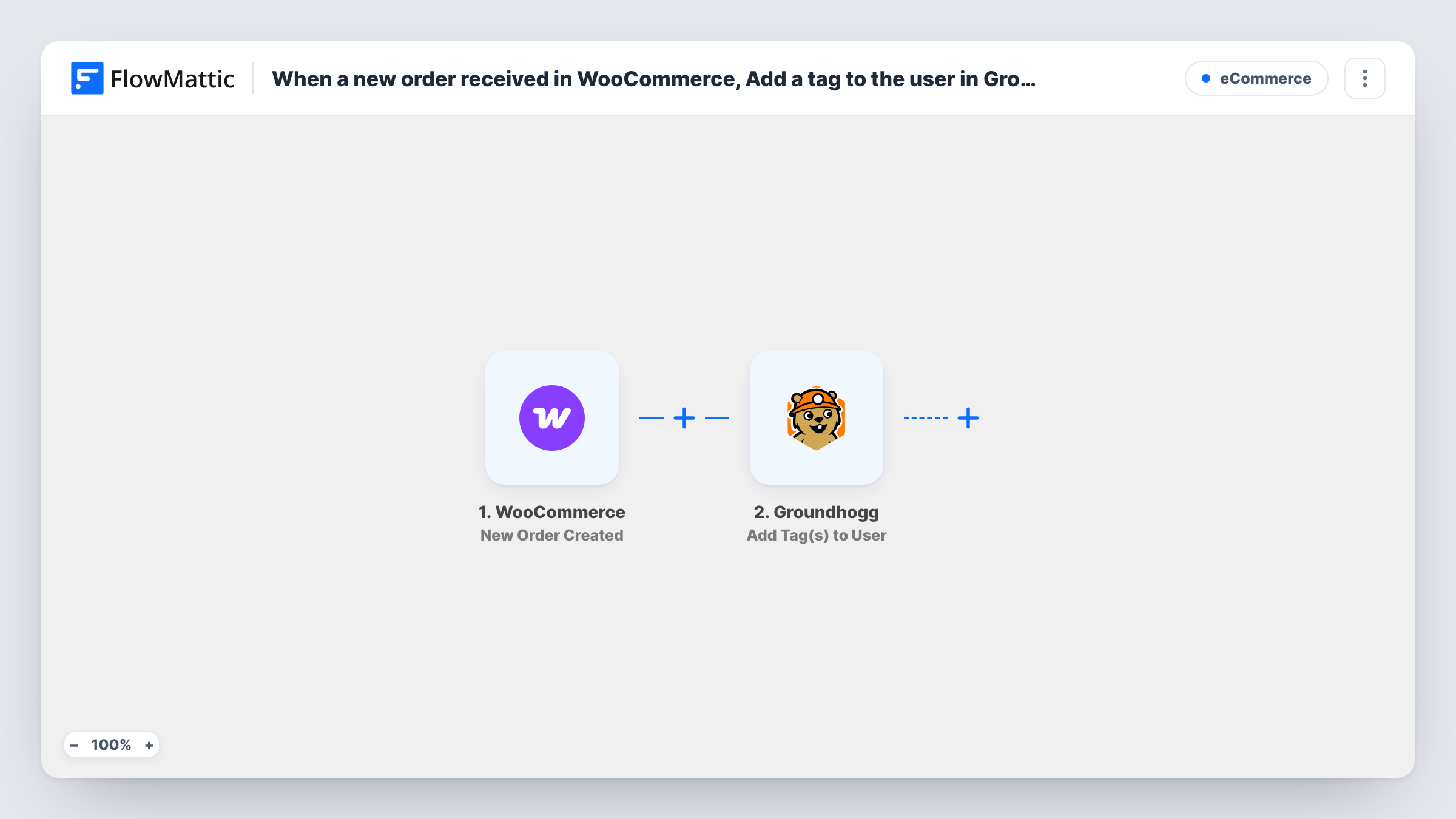 The When a new order is received in WooCommerce, create the contact and tag them in Groundhogg workflow on the FlowMattic canvas, with 3 steps across WooCommerce, Groundhogg
