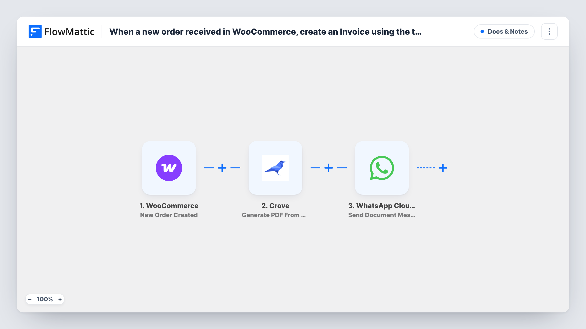 The When a new order received in WooCommerce, create an Invoice using the template in Crove and share it on users WhatsApp workflow on the FlowMattic canvas, with 3 steps across WooCommerce, Crove, WhatsApp Cloud API