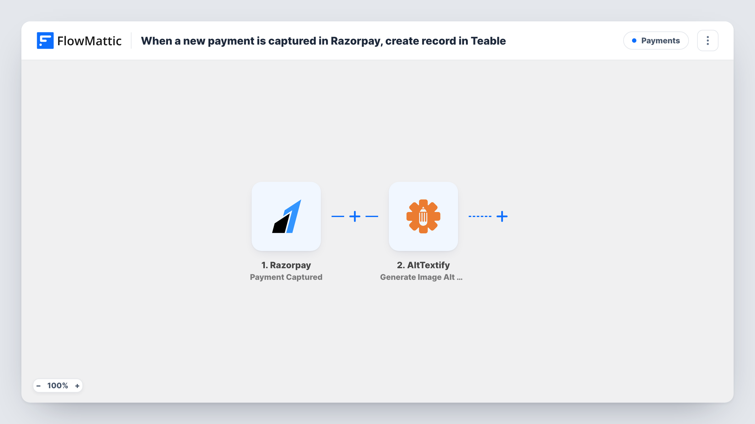 The When a new payment is captured in Razorpay, create record in Teable workflow on the FlowMattic canvas, with 2 steps across Razorpay, Teable