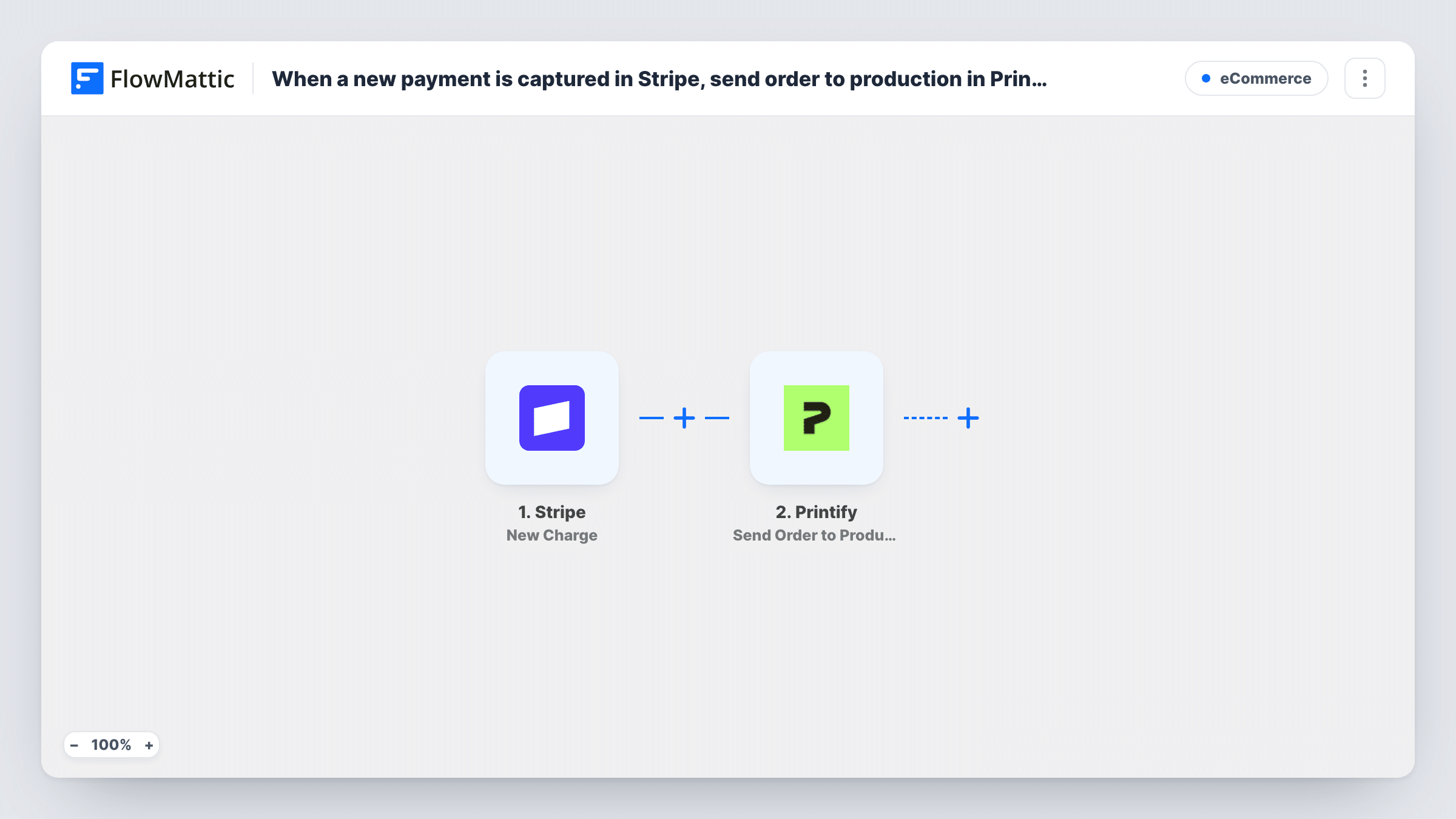 The When a new payment is captured in Stripe, send order to production in Printify workflow on the FlowMattic canvas, with 3 steps across Stripe, Printify